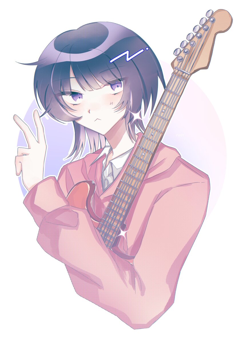 1girl :&lt; absurdres collared_shirt commentary_request cropped_torso electric_guitar fujii_ayame futsuu_no_keion-bu guitar hand_up highres hood hoodie i807su1 instrument long_sleeves pink_hoodie protected_link purple_eyes purple_hair shirt short_hair solo tsurime v white_background white_shirt wolf_cut