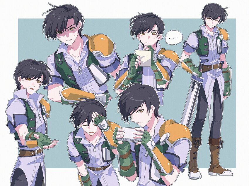 arm_guards armor black_hair boots border bowing cropped_jacket eien_galaxy_ko eiyuu_densetsu fingerless_gloves front_zipper full_body gloves green_background green_gloves hair_between_eyes harmonica highres holding holding_instrument holding_sword holding_weapon instrument joshua_bright parted_bangs partially_shaded_face pauldrons short_hair shoulder_armor simple_background single_pauldron sora_no_kiseki swept_bangs sword two-tone_background upper_body weapon white_border yellow_eyes