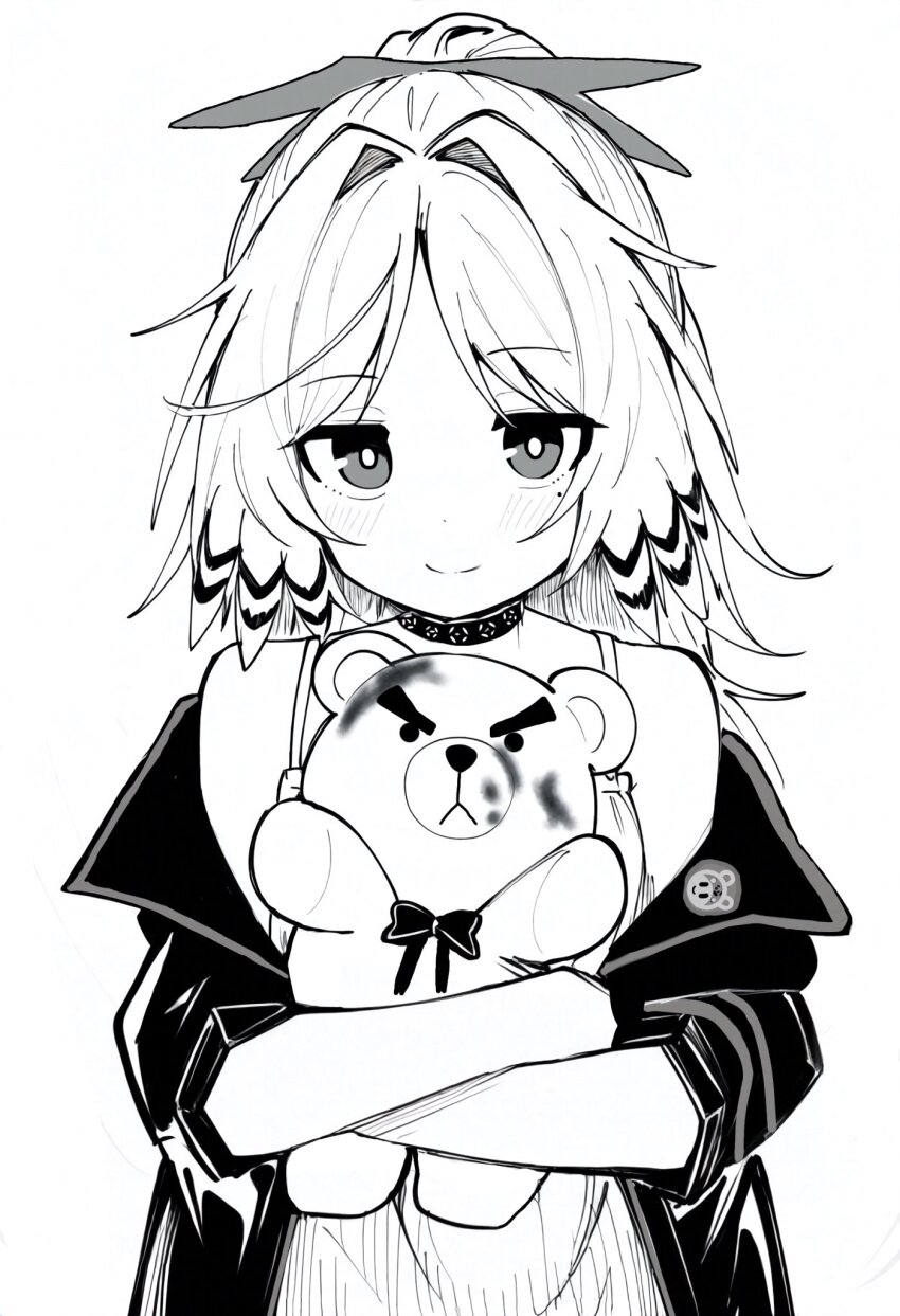 1girl arknights bare_shoulders blush chemise closed_mouth crossed_arms dot_nose eyes_visible_through_hair greyscale hair_intakes highres holding infection_monitor_(arknights) jacket long_hair long_sleeves looking_at_viewer makigirisu mole mole_under_eye monochrome pinecone_(arknights) simple_background smile solo spaghetti_strap split_mouth stuffed_animal stuffed_toy teddy_bear upper_body white_background