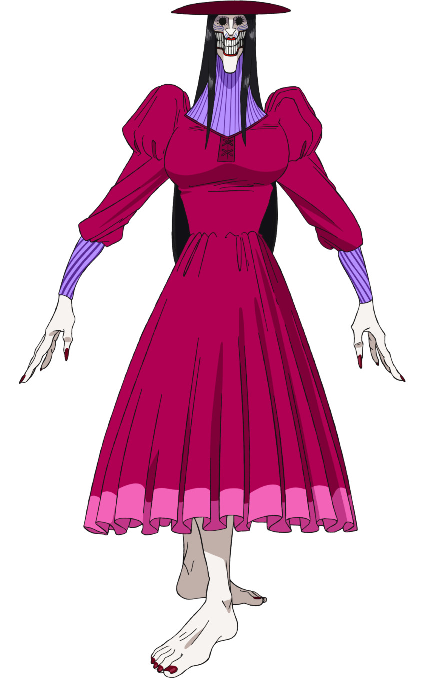 1girl acrobatic_silky_(dandadan) barefoot black_hair breasts colored_skin dandadan dress eye_socket frilled_dress frills full_body hat highres juliet_sleeves long_dress long_hair long_sleeves official_art pink_dress puffy_sleeves red_hat simple_background solo standing tall_female teeth transparent_background very_long_hair white_skin