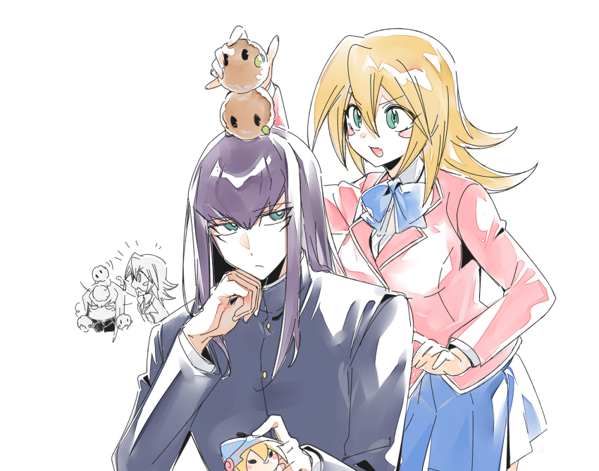 3_ma_me alternate_costume black_hair black_jacket blonde_hair blue_sky blush_stickers breasts cowboy_shot dark_magician dark_magician_girl duel_monster green_eyes jacket kuriboh large_breasts long_hair pink_jacket pleated_skirt school_uniform shirt simple_background skirt sky stuffed_toy white_background white_shirt yu-gi-oh! yu-gi-oh!_duel_monsters