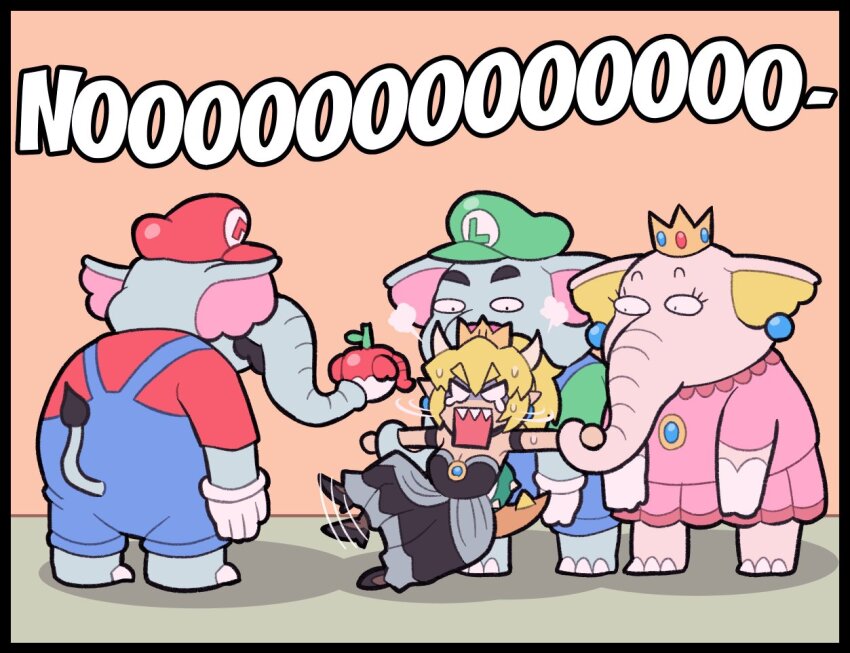 2boys 2girls apple armlet ayyk92 bare_shoulders barefoot black_dress blank_eyes blonde_hair blue_gemstone blue_overalls bowsette brooch cabbie_hat chibi colored_skin constricted_pupils crown dress earrings elephant_boy elephant_fruit elephant_luigi elephant_mario elephant_peach facial_hair food forced frown fruit gem gloves green_headwear green_shirt grey_skin hair_between_eyes hat holding holding_another&#039;s_wrist holding_food holding_fruit jewelry letter_print luigi mario mario_(series) multiple_boys multiple_girls mustache new_super_mario_bros._u_deluxe nintendo no off-shoulder_dress off_shoulder orange_background overalls pink_dress pink_skin ponytail princess_peach apple red_headwear red_shirt restrained sharp_teeth shirt shouting sphere_earrings spiked_shell spiked_tail strapless strapless_dress super_crown super_mario_bros._wonder tail teeth thick_eyebrows turtle_shell waving_legs wavy_hair white_gloves