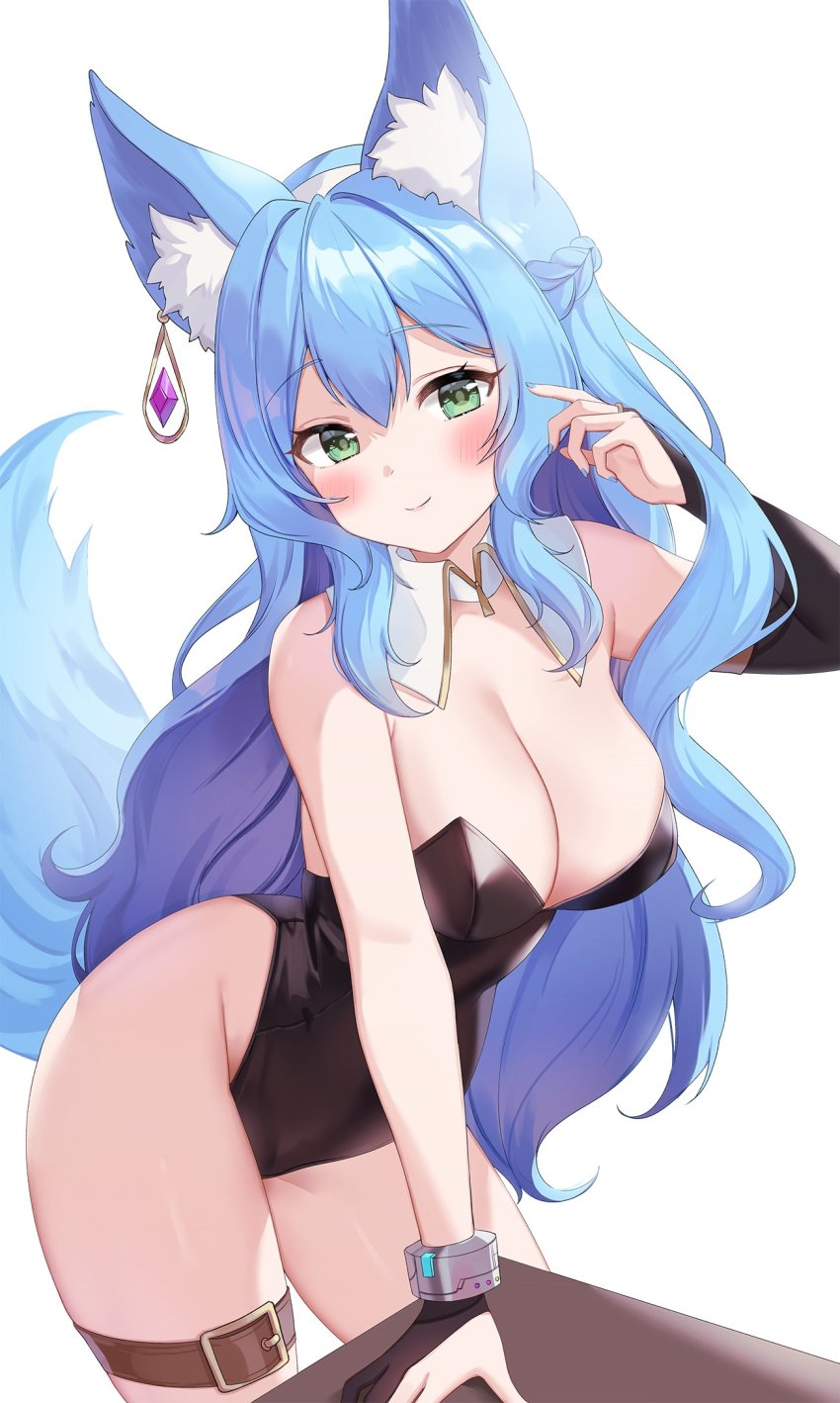 1girl animal_ear_fluff animal_ears arm_support arm_up bare_arms bare_shoulders black_leotard blue_hair borrowed_character braid breasts bridal_gauntlets cleavage closed_mouth contrapposto cowboy_shot detached_collar earrings fox_ears fox_girl fox_tail gold_trim green_eyes groin highleg highleg_leotard highres jewelry large_breasts leaning_forward leg_belt leotard long_hair looking_at_viewer nail_polish original pn_(wnsl216) simple_background sister_reine_(foxyreine) smile solo standing strapless strapless_leotard tail tail_raised thighs very_long_hair white_background