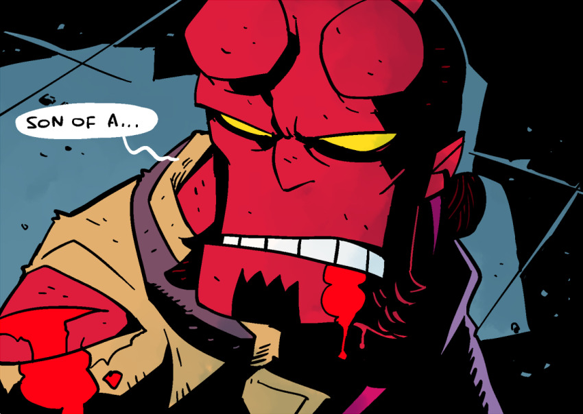 1boy bishoujo_senshi_sailor_moon bishoujo_senshi_sailor_moon_s blood brown_shirt colored_skin demon derivative_work english_text hellboy hellboy_(comic) horns male_focus meme rariatto_(ganguri) red_skin sailor_moon_redraw_challenge_(meme) screenshot_redraw shirt speech_bubble torn_clothes torn_shirt upper_body yellow_eyes