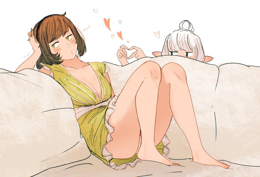 2girls arm_at_side asimov_(spindle_(aidenr0)) ass averting_eyes barefoot behind_cover black_eyes black_hairband blunt_bangs blush bob_cut breasts brown_hair cleavage closed_mouth collarbone commentary couch couple dress ear_blush elbow_rest embarrassed english_commentary floating_blush frilled_dress frills full_body green_dress green_eyes hair_bun hairband half-closed_eyes hand_on_own_head hand_up hands_up head_rest heart heart_hands hiding highres jitome knees_up looking_at_another looking_to_the_side loose_hair_strand medium_breasts multiple_girls on_couch original ottilie_(spindle_(aidenr0)) peeking_out plunging_neckline pointy_ears pursed_lips sash short_hair short_sleeves simple_background single_hair_bun sitting sneaking spindle_(aidenr0) swept_bangs t_t v-neck white_background white_hair white_sash white_trim yuri