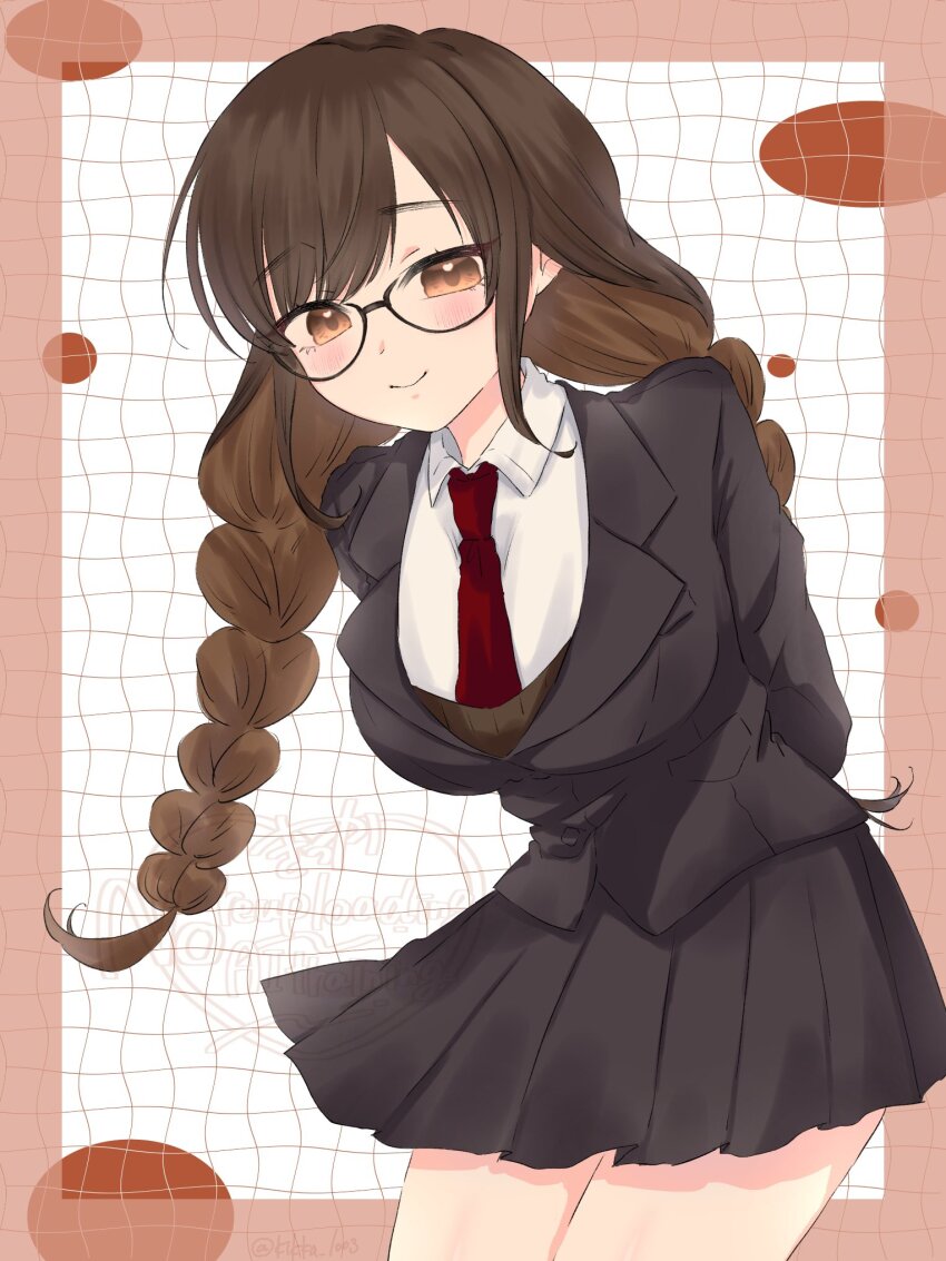 1girl arms_behind_back black_jacket black_skirt blush braid breasts brown_hair glasses grid_background highres iin_chiyo iin_chiyo_(hyakkano_party) jacket kikka_1003 kimi_no_koto_ga_dai_dai_dai_dai_daisuki_na_100-nin_no_kanojo leaning_forward long_hair looking_at_viewer necktie pleated_skirt red_necktie shirt skirt smile solo twin_braids white_shirt
