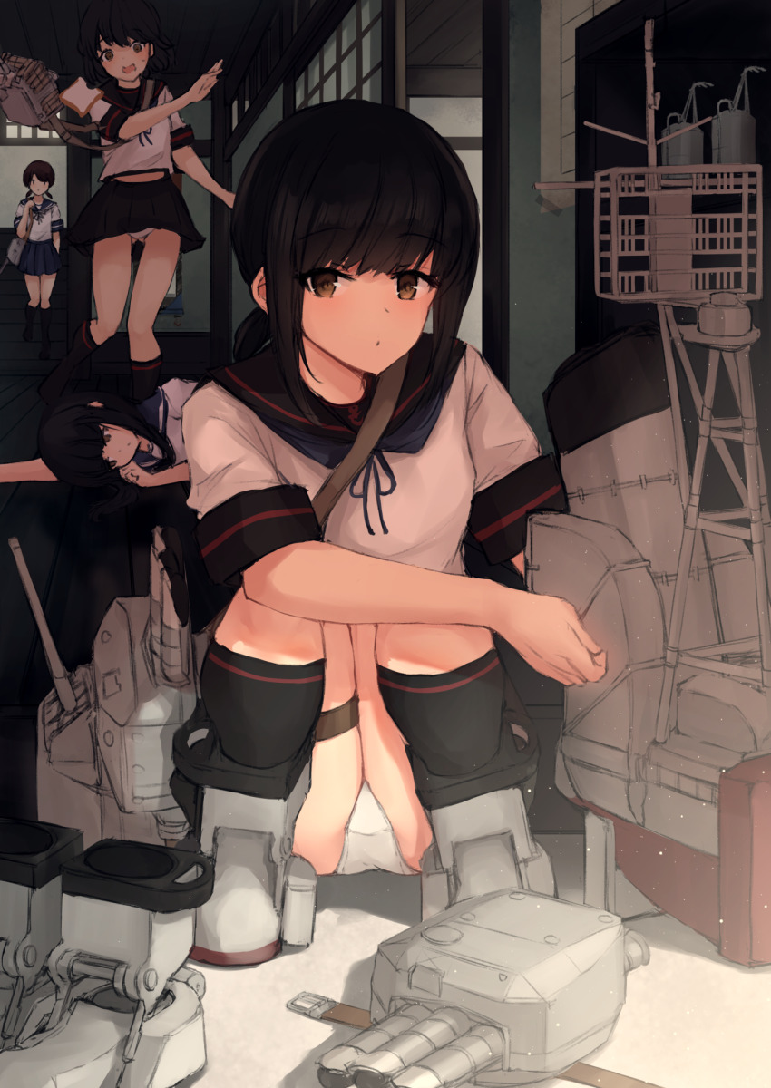 4girls black_eyes black_sailor_collar black_skirt black_socks blue_sailor_collar blue_skirt breasts brown_eyes commentary fubuki_(kancolle) fubuki_kai_ni_(kancolle) gluteal_fold hatsuyuki_(kancolle) highres k_jie kantai_collection looking_at_viewer low_ponytail machinery medium_breasts miyuki_(kancolle) miyuki_kai_ni_(kancolle) multiple_girls panties pantyshot ponytail sailor_collar sailor_shirt school_uniform serafuku shirayuki_(kancolle) shirt short_sleeves sidelocks skirt socks solo_focus symbol-only_commentary torpedo_launcher underwear white_panties white_shirt
