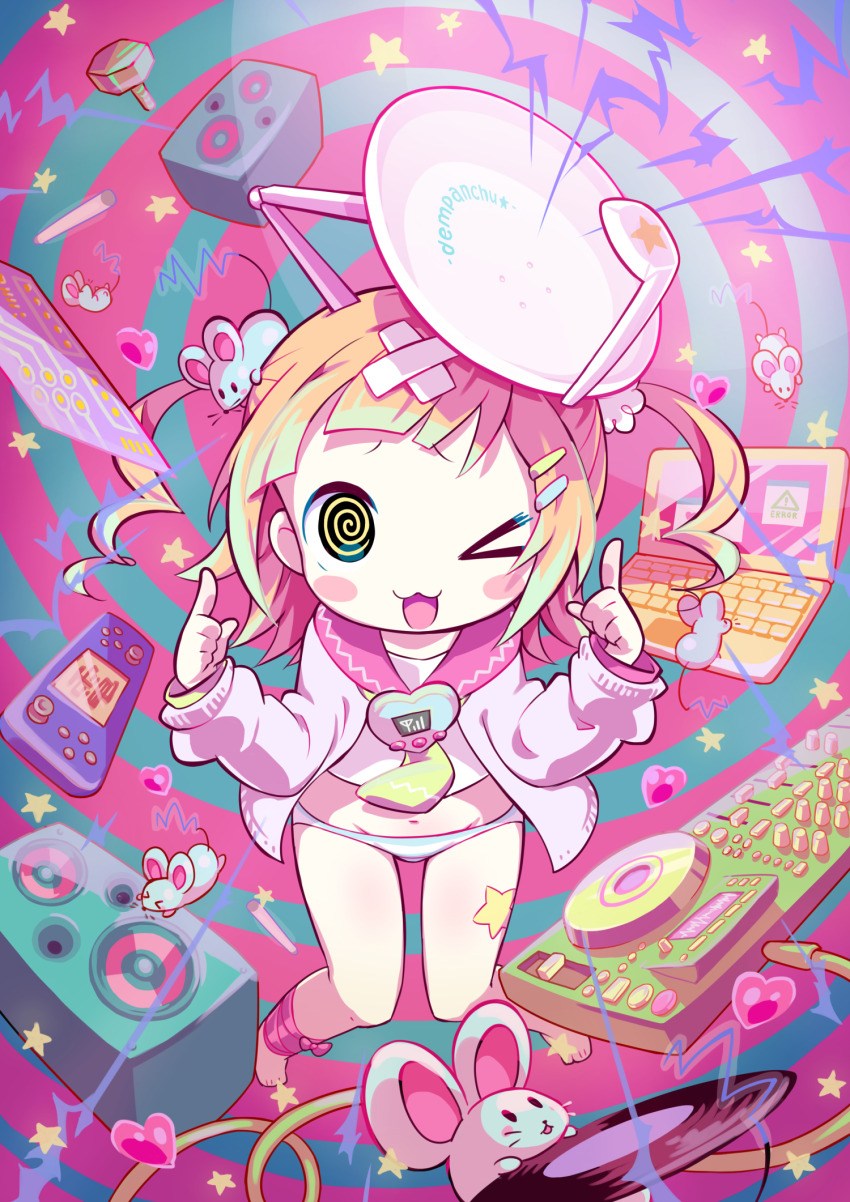 &gt;_o 1girl :3 @_@ ankle_ribbon bandaid bandaid_on_head barefoot blue_background blue_panties blush_stickers cardigan circuit_board colored_tips computer cropped_shirt crossed_bandaids electricity flipped_hair full_body furrowed_brow green_hair hair_ornament hairclip handheld_game_console hands_up highres index_fingers_raised laptop leg_ribbon long_sleeves looking_at_viewer mamimu_(ma-mi-mu.me) medium_hair mouse_(animal) mouse_on_head multicolored_hair no_pants one_eye_closed open_cardigan open_clothes open_mouth orange_hair original panties phonograph pigeon-toed pink_background pink_cardigan pink_sailor_collar promotional_art raised_eyebrows record ribbon ringlets sailor_collar satellite_dish school_uniform screw serafuku shirt short_eyebrows solo star_(symbol) star_sticker stereo sticker_on_leg striped_clothes striped_panties swirl tamagotchi turntable two-tone_background two_side_up underwear white_shirt yellow_eyes