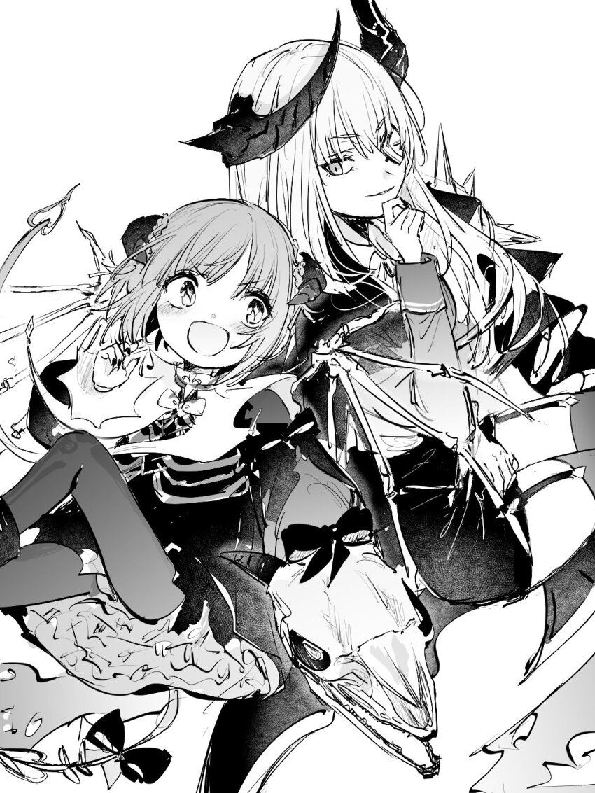 2girls bungo_yayoi claws eyepatch fake_horns heaven_burns_red highres horns kulfiq long_hair monochrome multiple_girls official_alternate_costume official_alternate_hair_length official_alternate_hairstyle one_eye_covered short_hair skull white_hair yamawaki_bon_ivar