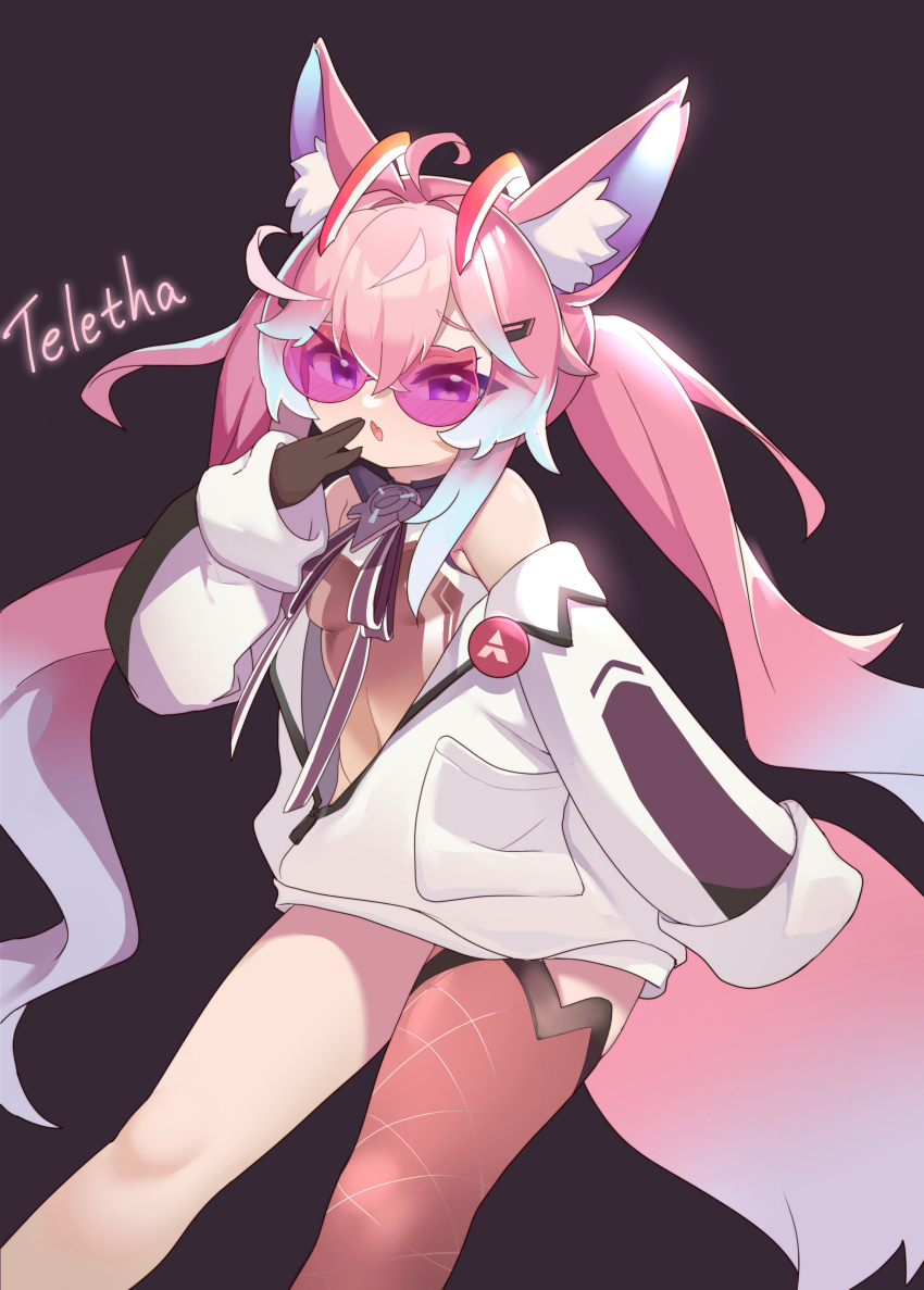 1girl absurdres animal_ears badge bare_shoulders black_background black_gloves black_thighhighs blush breasts button_badge coat detached_sleeves english_text fox_ears fox_girl gift_art glasses gloves hair_between_eyes hand_to_own_mouth highres indie_virtual_youtuber leotard long_bangs long_hair long_sleeves looking_at_viewer necktie open_clothes open_coat open_mouth pink_hair purple_eyes sakurami_sumi simple_background sleeves_past_fingers sleeves_past_wrists solo standing teletha_(vtuber) thighhighs twintails variant_set white_coat