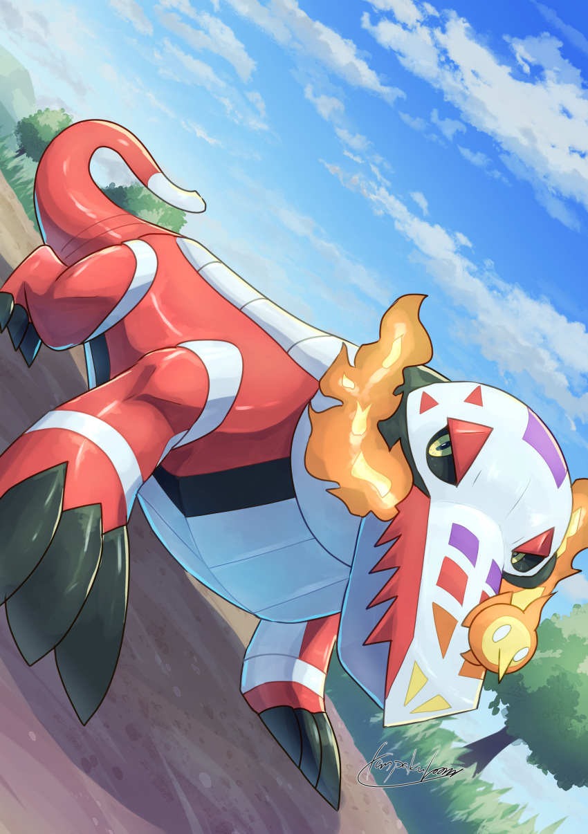 absurdres animal_focus black_sclera blue_sky claws cloud colored_sclera colored_skin commentary_request crocodilian fire fire_bird_(skeledirge) highres looking_at_viewer multicolored_skin nintendo no_humans pokemon pokemon_(creature) red_skin signature skeledirge sky solo tanpakuroom tree two-tone_skin white_skin yellow_eyes