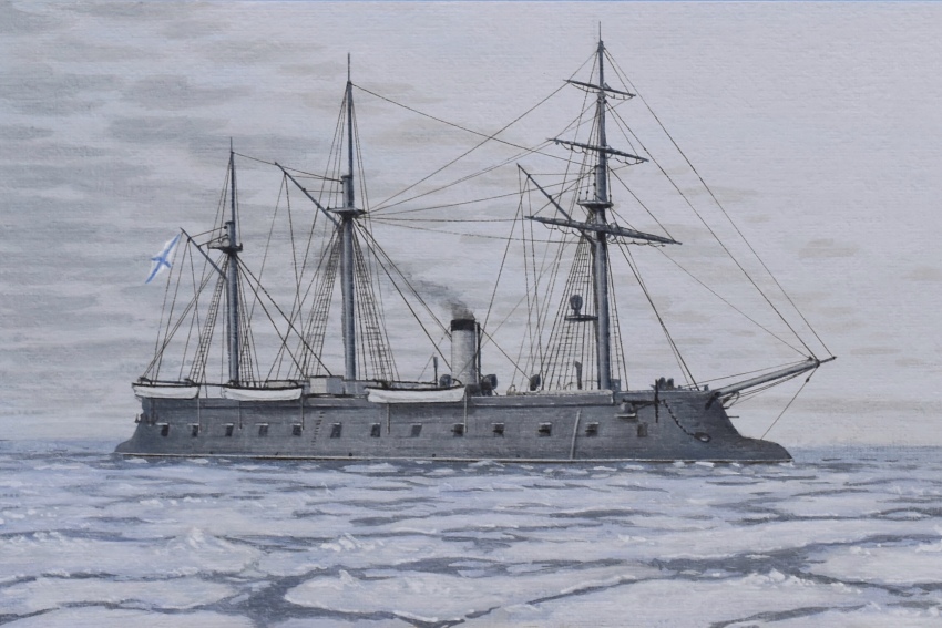 acrylic_paint_(medium) atelier_bono highres ice imperial_russian_navy mast military_vehicle no_humans ocean original painting_(medium) pervenez_(ironclad) ship sky smoke smokestack traditional_media warship watercraft winter