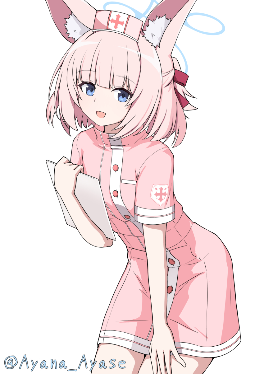 1girl :d animal_ear_fluff animal_ears artist_name ayana_ayase blue_archive blue_eyes blue_halo breasts clipboard commentary_request cosplay dress fox_ears fox_girl hair_ribbon half_updo halo hand_on_own_leg hat highres holding holding_clipboard leaning_forward looking_at_viewer medium_hair niko_(blue_archive) nurse nurse_cap open_mouth pink_dress pink_hair pink_hat ponytail red_ribbon ribbon serina_(blue_archive) serina_(blue_archive)_(cosplay) serina_(nurse)_(blue_archive) short_ponytail simple_background small_breasts smile solo standing white_background