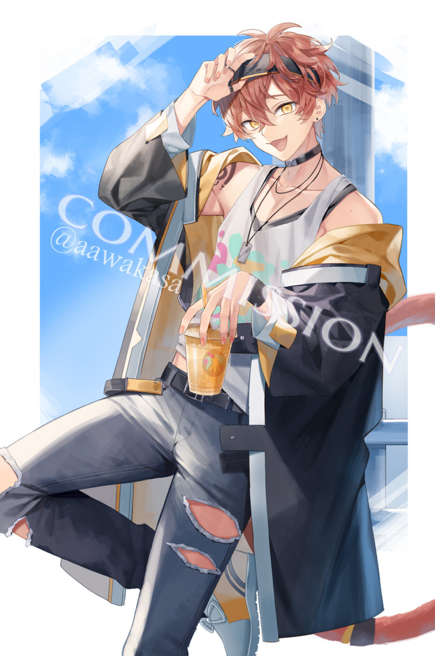 1boy :d arm_up belt belt_buckle black_belt black_jacket black_pants brown_eyes brown_hair buckle commentary commission cup day denim disposable_cup drinking_straw earrings feet_out_of_frame hair_between_eyes highres holding holding_cup jacket jeans jewelry looking_at_viewer male_focus nail_polish off_shoulder open_clothes open_jacket open_mouth original pants pink_nails ryuuki_(hydrangea) skeb_commission smile solo standing standing_on_one_leg stud_earrings tank_top torn_clothes torn_pants twitter_username watermark white_tank_top