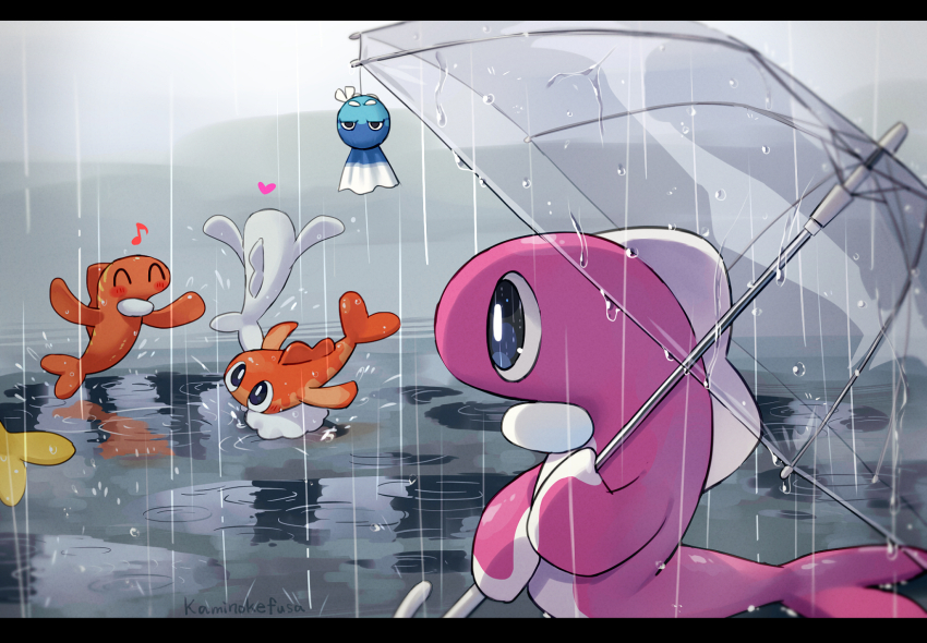 ^_^ alternate_color arms_up artist_name black_eyes blush blush_stickers bright_pupils closed_eyes commentary_request dondozo eighth_note facing_away happy heart highres holding holding_umbrella jumping kaminokefusa letterboxed looking_at_another musical_note nintendo no_humans outdoors overcast pokemon pokemon_(creature) puddle rain shiny_pokemon sky splashing tatsugiri tatsugiri_(curly) tatsugiri_(droopy) tatsugiri_(stretchy) teruterubouzu transparent transparent_umbrella umbrella water water_drop white_pupils