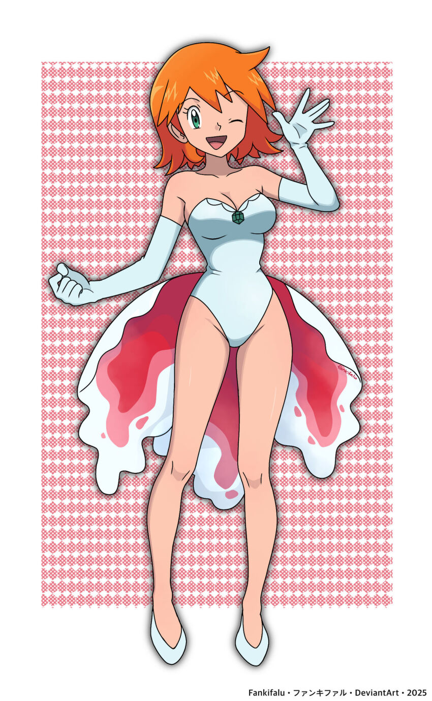 1girl ;d asymmetrical_hair bare_legs bare_shoulders blush breasts cleavage cosplay covered_navel elbow_gloves fankifalu full_body gloves goldeen_(cosplay) green_eyes gym_leader hand_up highres legs leotard looking_at_viewer medium_breasts misty_(pokemon) navel nintendo official_style one_eye_closed open_mouth orange_hair pink_background pokemon pokemon_(anime) pokemon_(classic_anime) pokemon_ep043 shoes short_hair smile solo standing strapless thighs white_gloves white_leotard white_shoes wink