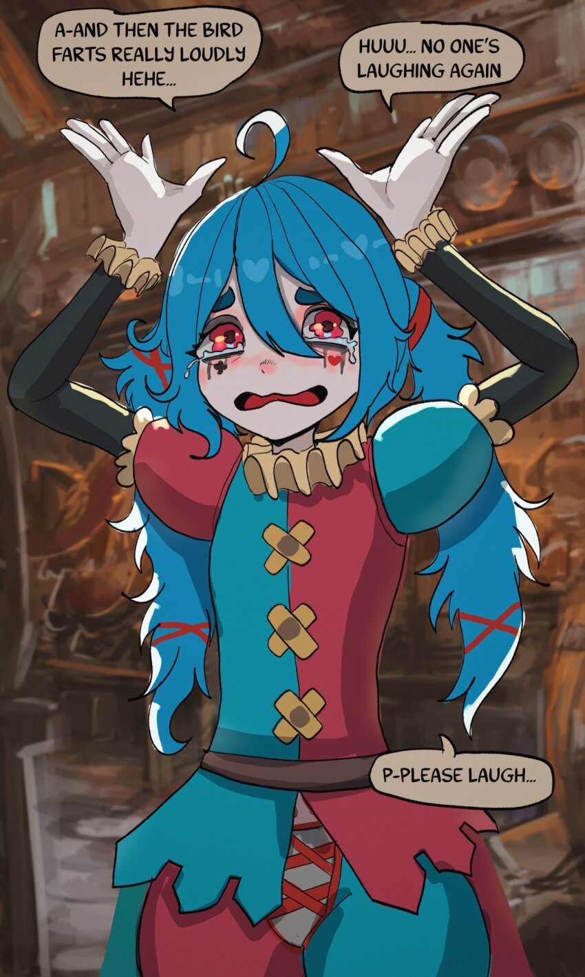 1girl ahoge aqua_hair basedbinkie colored_skin commentary crying crying_with_eyes_open english_commentary english_text facepaint frills highres jester low_twintails makeup messy_hair original pink_skin pippi_panini_(basedbinkie) runny_makeup tears twintails wavy_mouth