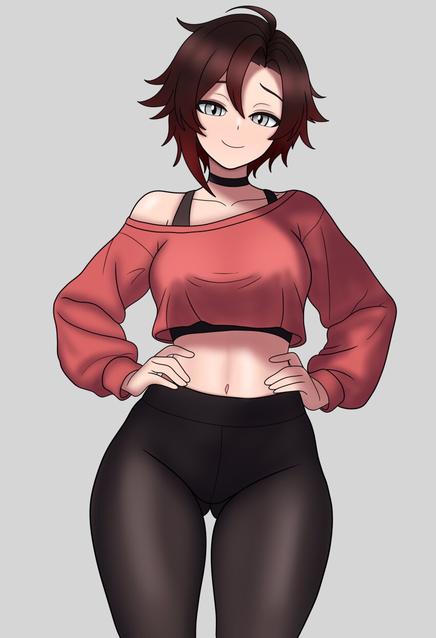 1girl absurdres ahoge black_hair black_pants bojack198 closed_mouth cowboy_shot crop_top gluteal_fold hands_on_own_hips highres looking_at_viewer midriff multicolored_hair navel pants ruby_rose rwby short_hair smile solo standing two-tone_hair yoga_pants