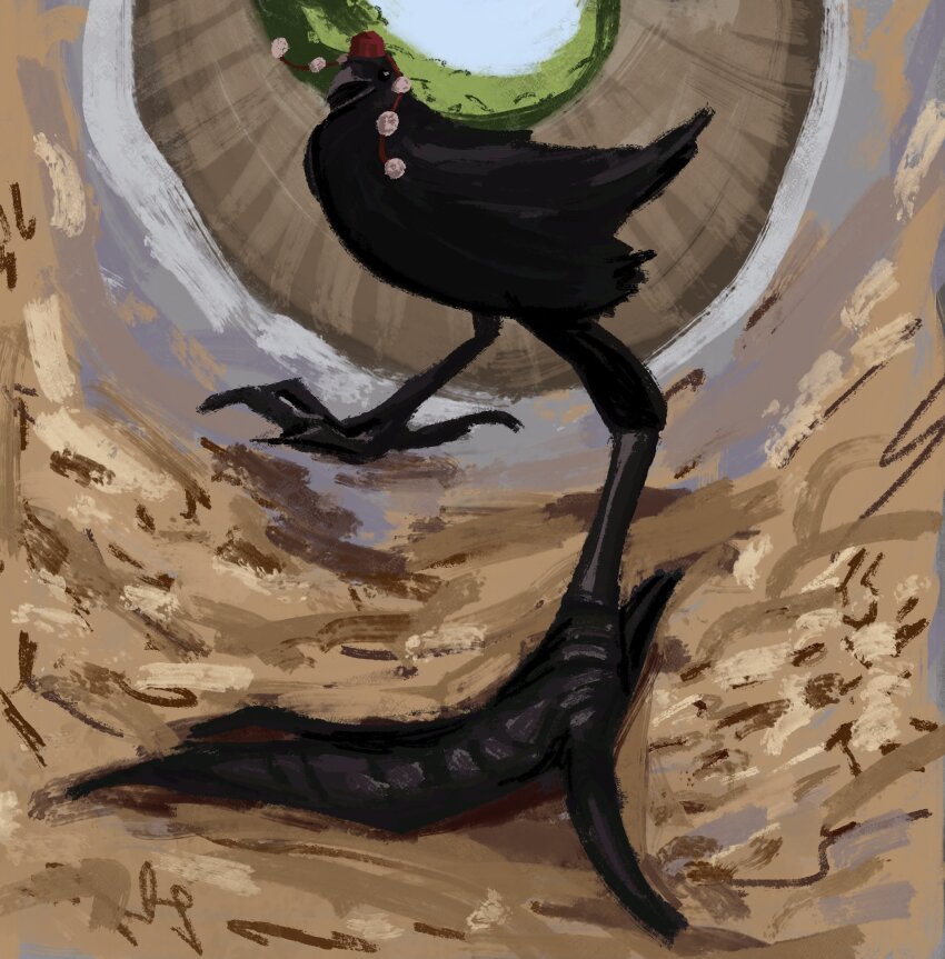 animal animal_focus animalization beak bird black_feathers crow day feathers full_body hat highres no_humans nogguies open_mouth outdoors pom_pom_(clothes) pov red_hat shameimaru_aya solo standing tokin_hat touhou