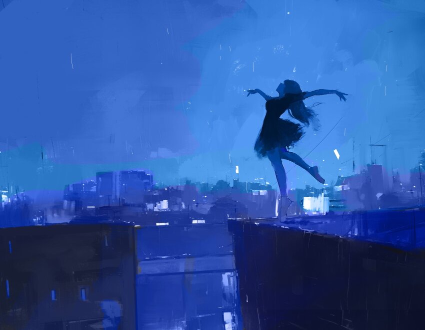 1girl acrobatic_silky_(dandadan) ballerina brush_stroke building cityscape cloud cloudy_sky dancing dandadan daodtt hashtag-only_commentary highres long_hair night on_roof outdoors outstretched_arms rain sky solo standing standing_on_one_leg traditional_media tutu