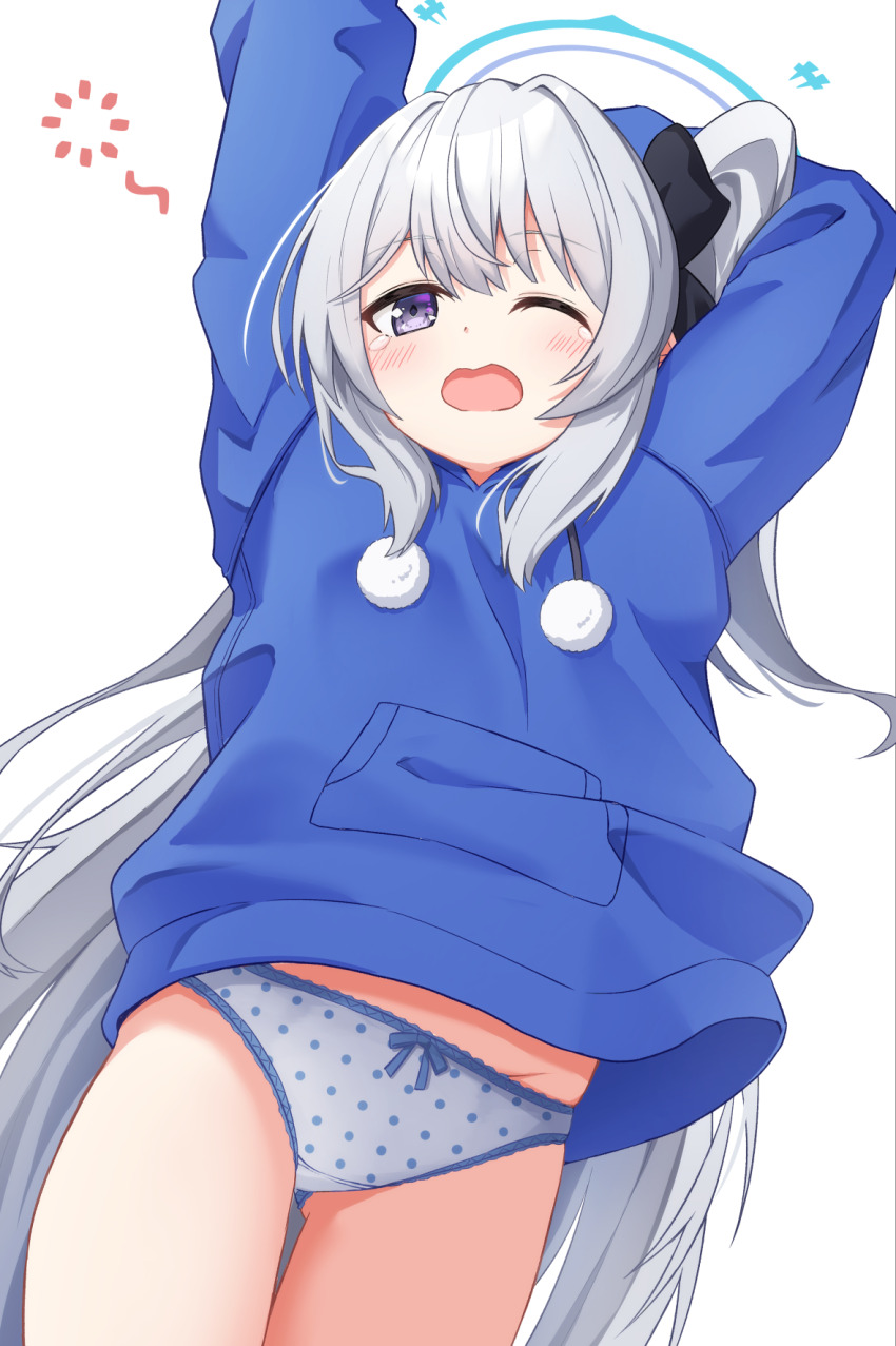 1girl arms_up black_bow blue_archive blue_hoodie blue_trimmed_panties blush bow bow_panties commentary_request drawstring gluteal_fold grey_hair groin hair_bow highres hood hood_down hoodie long_hair long_sleeves miyako_(blue_archive) miyako_(young)_(blue_archive) nenosame no_pants one_eye_closed one_side_up panties polka_dot polka_dot_panties puffy_long_sleeves puffy_sleeves purple_eyes simple_background solo squeans stretching tears trimmed_panties underwear very_long_hair white_background white_panties yawning