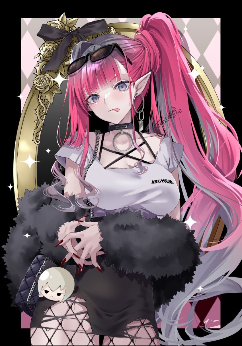 1girl akatsuki_hijiri baobhan_sith_(comiket_103)_(fate) baobhan_sith_(fate) black_choker black_skirt breasts character_doll choker doll earrings fate/grand_order fate_(series) fishnets fur_scarf grey_eyes highres hoop_earrings jewelry long_hair looking_at_viewer morgan_le_fay_(fate) pink_hair pointy_ears red_nails shirt side_ponytail sidelocks skirt smile solo tongue tongue_out white_shirt