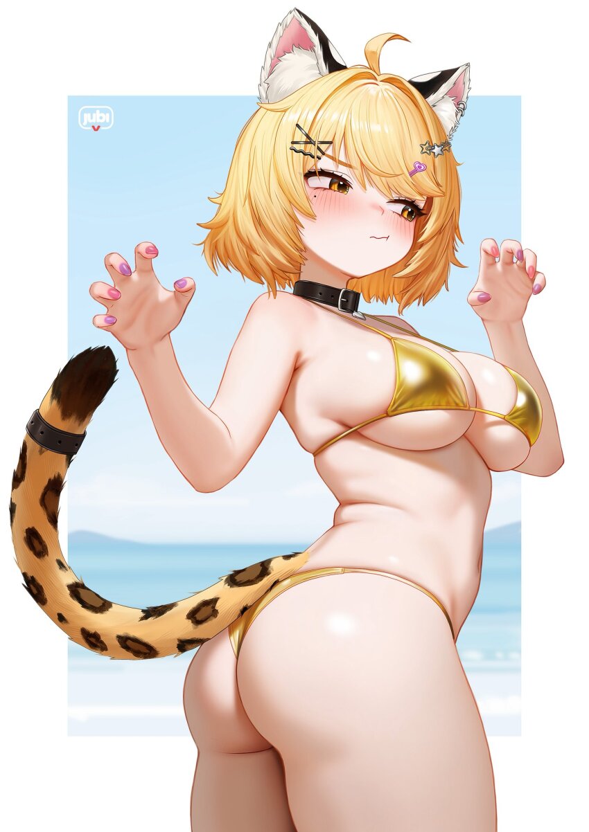 1girl ahoge animal_ear_fluff animal_ear_piercing animal_ears armpit_crease ass averting_eyes bare_arms bare_shoulders belt_collar bikini blonde_hair blush border breasts cat_ears cat_girl cat_tail collar commentary commission cowboy_shot english_commentary fang fingernails gold_bikini hair_intakes hair_ornament hairpin highres indie_virtual_youtuber kirana_yonome large_breasts margay mole mole_under_eye navel outside_border paw_pose pink_bikini pink_nails regiana_(jubi) second-party_source short_hair signature skin_fang solo stomach swimsuit tail thighs twisted_torso virtual_youtuber white_border x_hair_ornament yellow_eyes