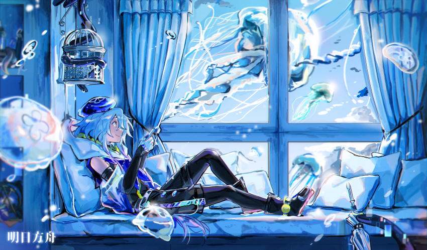 1boy absurdres animal arknights beret black_boots black_gloves black_pantyhose black_shirt black_shorts blue_hair blue_hat blurry blurry_foreground boots closed_mouth curtains depth_of_field elbow_gloves from_side gloves hair_between_eyes hands_up hat highres holding hood hood_up indoors jellyfish male_focus mizuki_(arknights) pantyhose pantyhose_under_shorts pillow profile shirt short_shorts shorts sleeveless sleeveless_shirt smile solo wed_(lim38869577) window