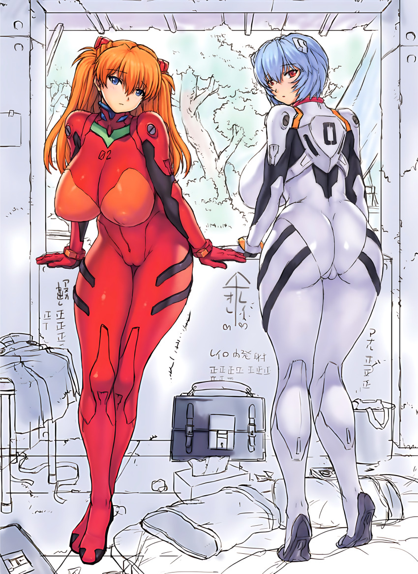 2girls absurdres against_wall ass ass_focus ayanami_rei backboob bag bed bed_sheet blue_eyes blue_hair bodysuit breasts brick bucket cameltoe cleavage cleft_of_venus covered_erect_nipples curvy female_focus full_body futon hairpods highres hip_bones huge_ass huge_breasts indoors japanese_text large_breasts leaning_forward linea_alba long_hair looking_at_viewer looking_back mecha_pilot_suit mogudan multiple_girls neon_genesis_evangelion nipples orange_hair plugsuit_(evangelion) puffy_areolae pussy recolor red_bodysuit red_eyes resized school_bag shed shiny_skin short_hair skin_tight souryuu_asuka_langley tally third-party_edit tight_clothes tissue tissue_box tokyo-3_middle_school_uniform tree two_side_up upscaled white_bodysuit wide_hips