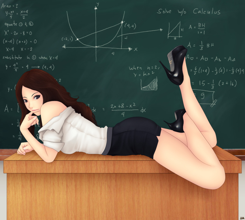 1girl bare_shoulders black_eyes brown_hair chalkboard feet_up female_focus finger_to_mouth formal_clothes high_heels highres khalitzburg_(user_2274420) legs long_hair lying miniskirt off_shoulder on_stomach original pencil_skirt shirt shoes skirt solo stiletto_heels suit table teacher