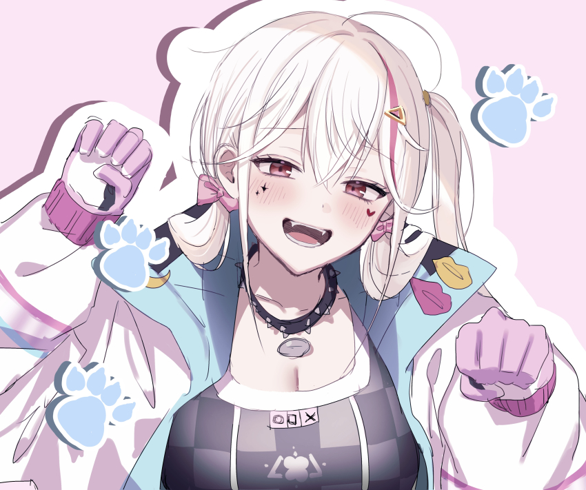 absurdres arms_up black_choker blonde_hair blue_jacket blush bow breasts choker cleavage collarbone commentary_request facial_mark fangs gao gloves goddess_of_victory:_nikke hair_between_eyes hair_bow heart heart_facial_mark highres jackal_(nikke) jacket kumo_tabetai large_breasts long_hair looking_at_viewer multicolored_hair multicolored_jacket multiple_hair_bows open_clothes open_mouth outline pink_background pink_bow pink_gloves pink_hair pink_jacket red_eyes side_ponytail simple_background spiked_choker spikes streaked_hair teeth thick_outlines white_outline