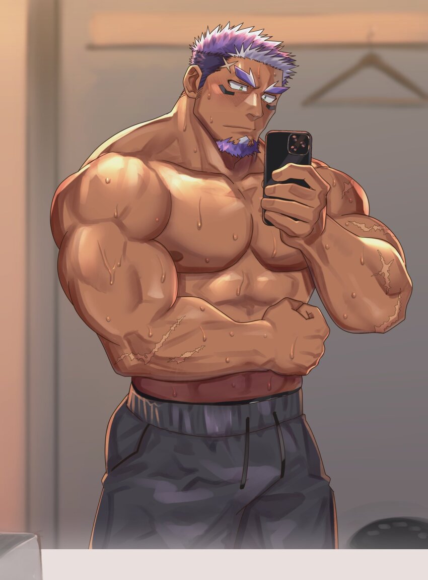 1boy abs bara black_male_underwear blush cross_scar dark-skinned_male dark_skin facial_hair facial_mark feet_out_of_frame flexing goatee green_eyes highres holding holding_phone large_pectorals live_a_hero long_sideburns male_focus male_underwear male_underwear_peek mature_male muscular muscular_male nipples pants pectorals phone purple_hair scar scar_on_arm shaft_(live_a_hero) short_hair sideburns solo sweat thick_eyebrows topless_male track_pants triceps underwear very_sweaty yakisoba_ohmori