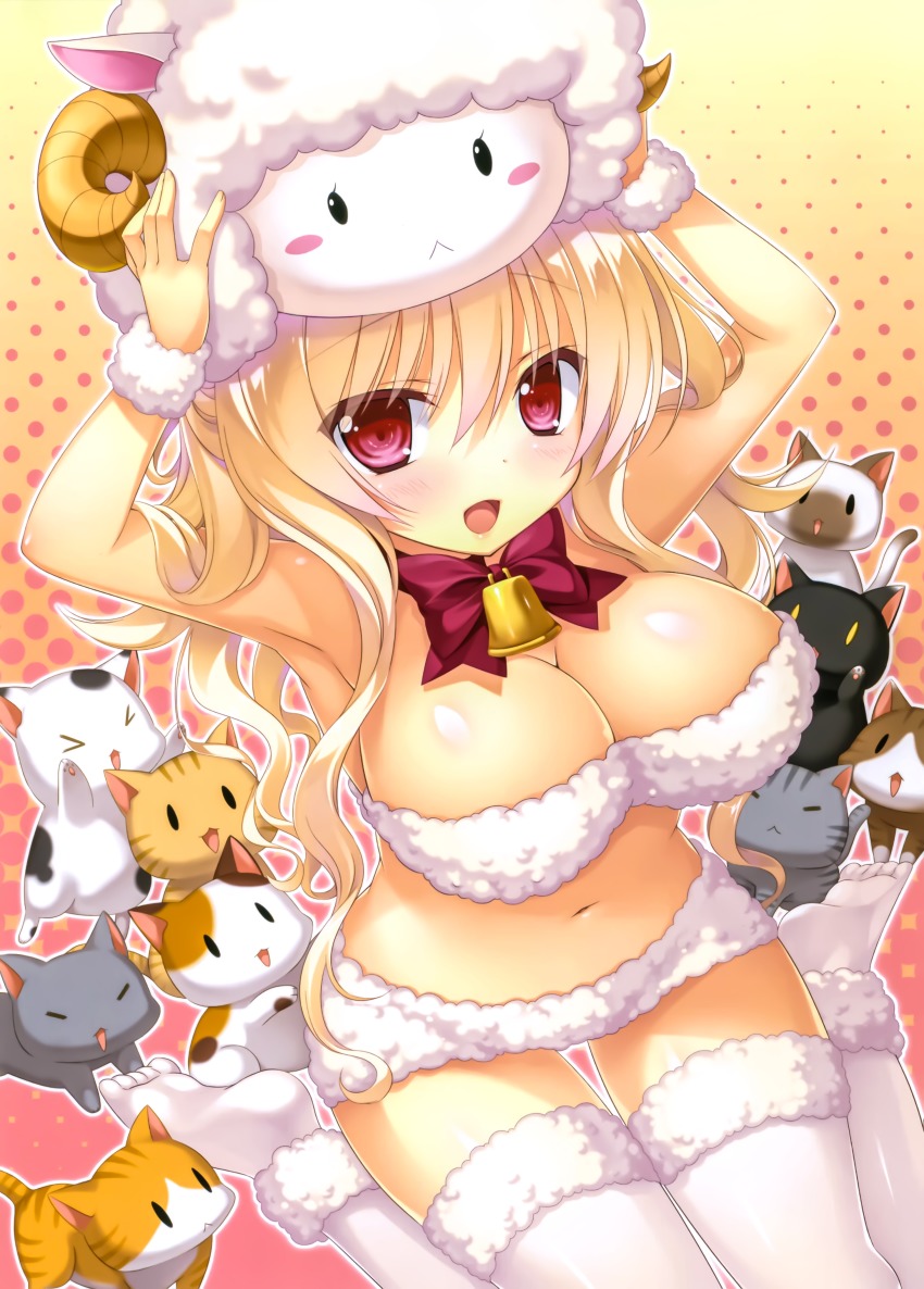 1girl :d absurdres alicetia_wallenberg_kezouji animal animal_costume armpits ashishun bandeau bare_arms bare_shoulders bell blonde_hair blush blush_stickers bow bowtie breasts cat cleavage female_focus fingernails fur fur-trimmed_legwear fur_trim hair_between_eyes hand_on_headwear hands_up highres horns huge_filesize large_breasts long_hair looking_at_viewer midriff navel open_mouth pink_eyes primal_hearts primal_hearts_2 purple_eyes red_bow red_bowtie scan sheep_costume sheep_horns sitting smile solo spread_legs stomach thigh_gap wariza wrist_cuffs