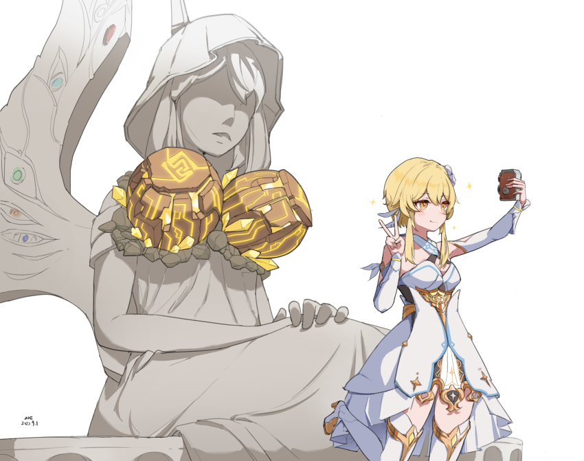 1girl absurdres bare_shoulders blonde_hair blush breasts camera dress flower genshin_impact hair_between_eyes hair_flower hair_ornament highres lumine_(genshin_impact) selfie short_hair_with_long_locks simple_background smile solo star_(symbol) statue v vandalism white_dress yellow_eyes zoe_(pixiv43701990)