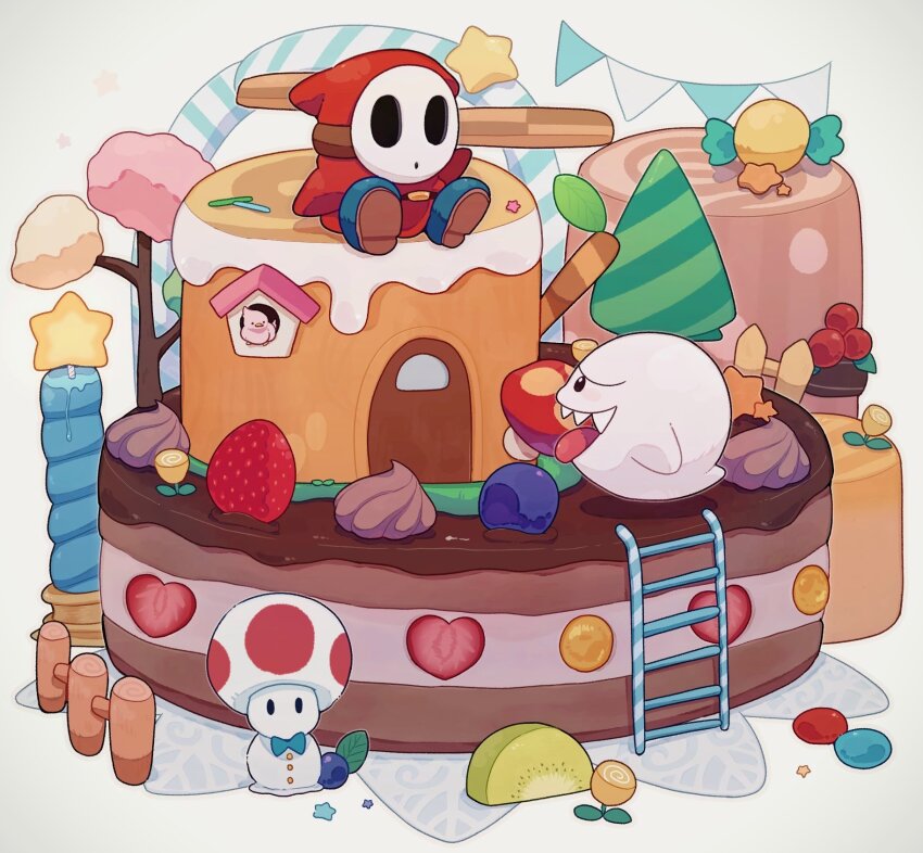 1boy blue_boots blueberry boo_(mario) boots cake character_snowman cosplay food fruit ghost highres male_focus mario_(series) mofupoyo nintendo open_mouth red_robe robe sharp_teeth shy_guy sitting strawberry teeth toad_(mario) toad_(mario)_(cosplay) upper_teeth_only white_mask