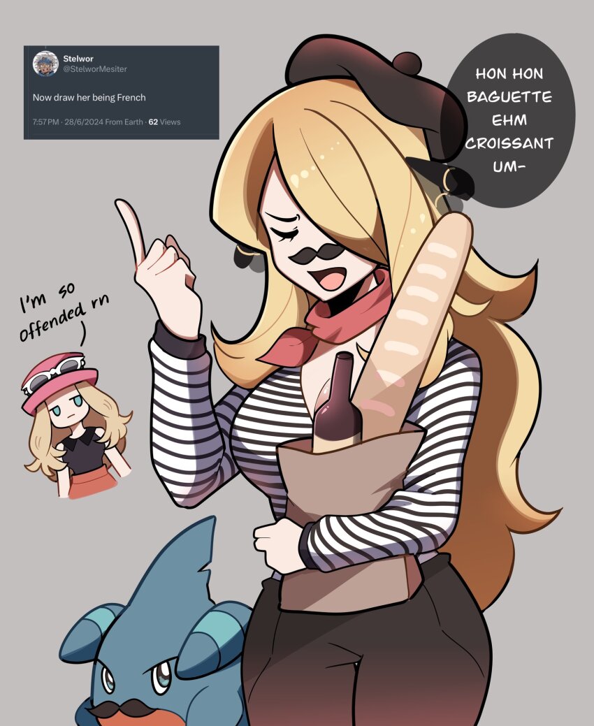 2girls bag baguette black_pants blonde_hair blue_eyes bottle bread breasts chibi cleavage closed_eyes cynthia_(pokemon) english_text fake_facial_hair fake_mustache food gen_4_pokemon gible grey_background hair_over_one_eye highres in-franchise_crossover index_finger_raised jitome large_breasts long_hair long_sleeves multiple_girls nintendo open_mouth pants paper_bag pokemon pokemon_(creature) pokemon_dppt pokemon_xy red_scarf scarf screenshot_inset serena_(pokemon) shirt speech_bubble striped_clothes striped_shirt touyarokii tweet very_long_hair wine_bottle