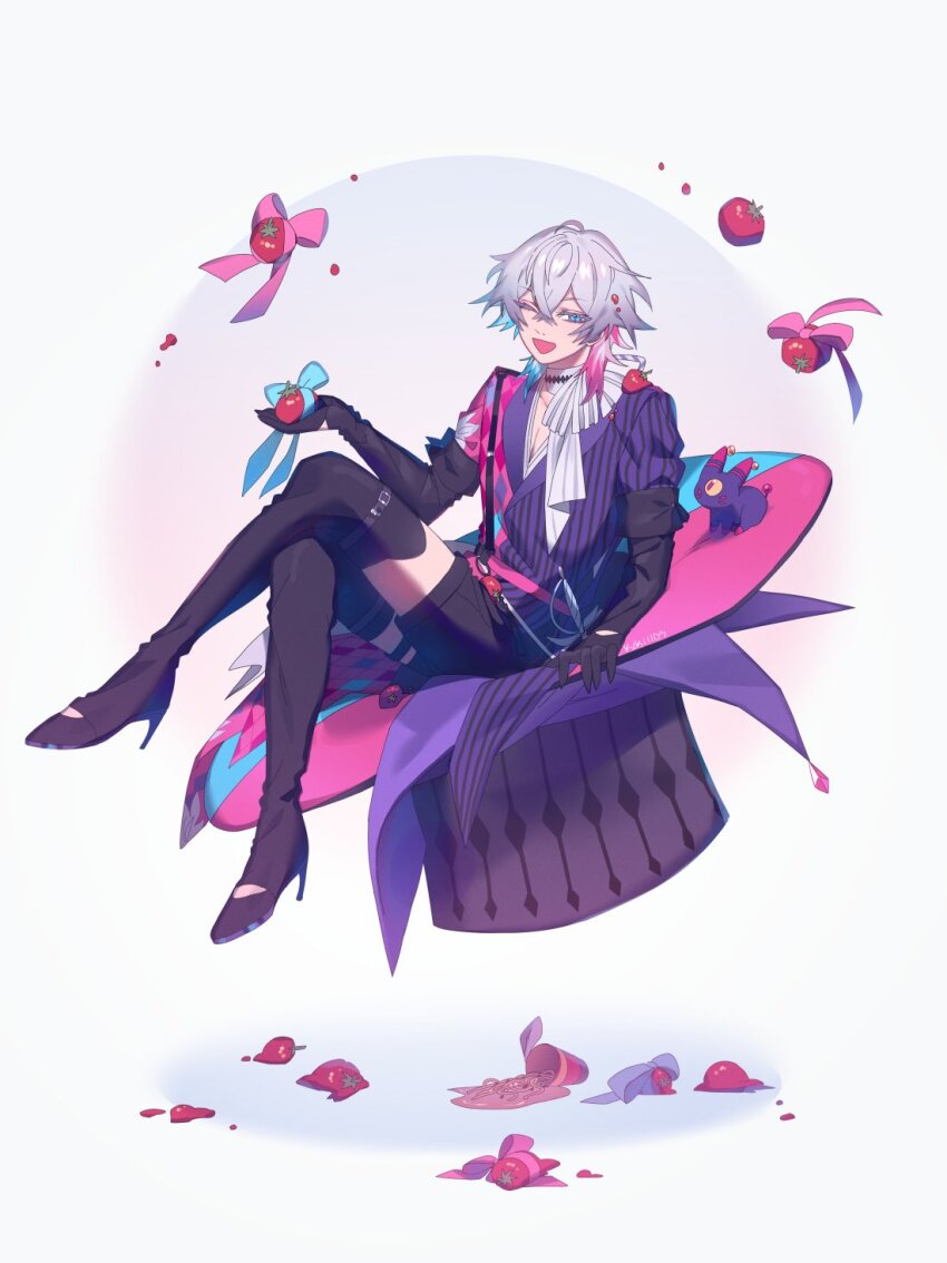 1boy bishounen black_gloves black_shorts blue_eyes blue_hair boots coat commentary creature crossed_legs eyelashes eyeshadow floral_print full_body gavis_bettel gavis_bettel_(1st_costume) gloves grey_hair hair_between_eyes hat high_heel_boots high_heels highres holding holostars holostars_english kiki1109 lily_print long_sleeves looking_at_viewer makeup male_focus medium_hair multicolored_coat multicolored_hair one_eye_closed open_mouth phantom_(gavis_bettel) pink_eyeshadow pink_hair scarf shorts simple_background sitting smile solo striped_coat thigh_boots tomato top_hat vertical-striped_coat virtual_youtuber white_scarf