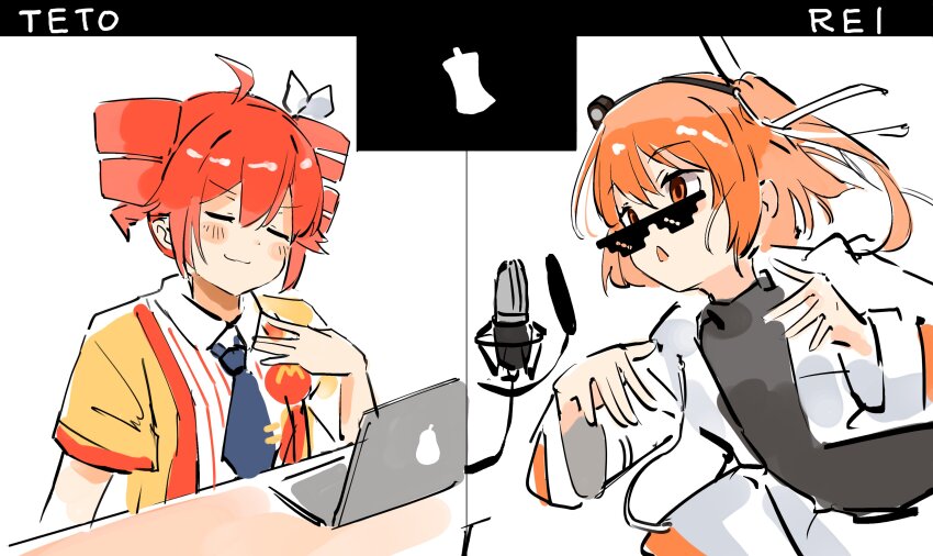 2girls a.i._voice absurdres adachi_rei bad_apple!! black_shirt blue_necktie blush bow closed_eyes collared_shirt computer cosplay drill_hair hair_between_eyes hair_bow hair_ribbon headlamp highres hikakin_(person) imadake_dabuchi_tabemi imadake_dabuchi_tabemi_(cosplay) jacket kasane_teto kasane_teto_(sv) laptop long_sleeves mcdonald&#039;s microphone mp777b multiple_girls music necktie open_mouth orange_eyes parody pinstripe_pattern pinstripe_shirt radio_antenna ribbon shirt short_sleeves side_ponytail simple_background singing smile studio sunglasses synthesizer_v table twin_drills utau white_bow white_jacket white_ribbon wing_collar yellow_jacket