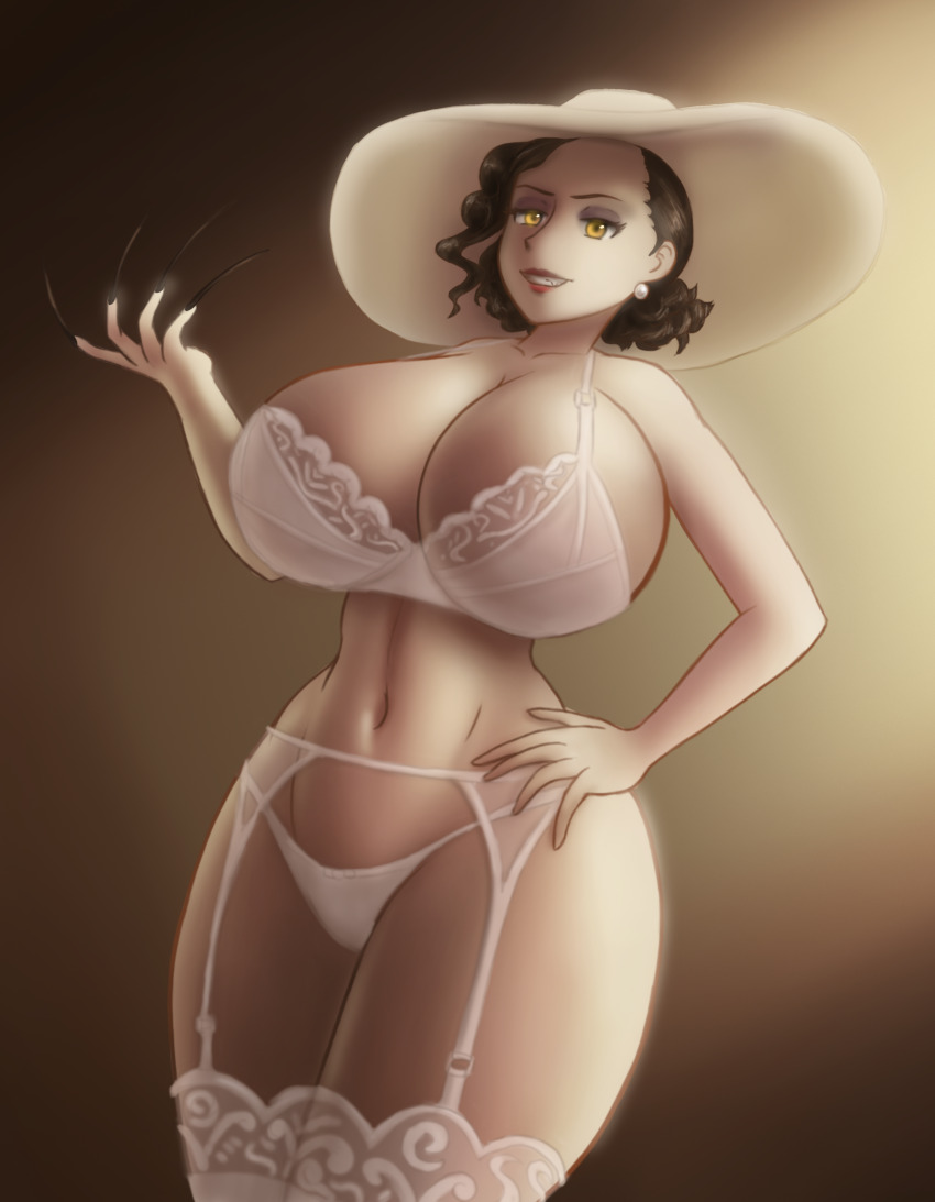 1girl absurdres alcina_dimitrescu ass belly bikini black_hair bow breasts capcom cleavage earrings female_focus fingernails garter_straps hand_on_own_hip hat highres huge_ass huge_breasts jewelry lingerie mature_female midriff navel resident_evil resident_evil_village saf-404 short_hair smile swimsuit thick_thighs thighs underwear vampire white_bikini wide_hips yellow_eyes