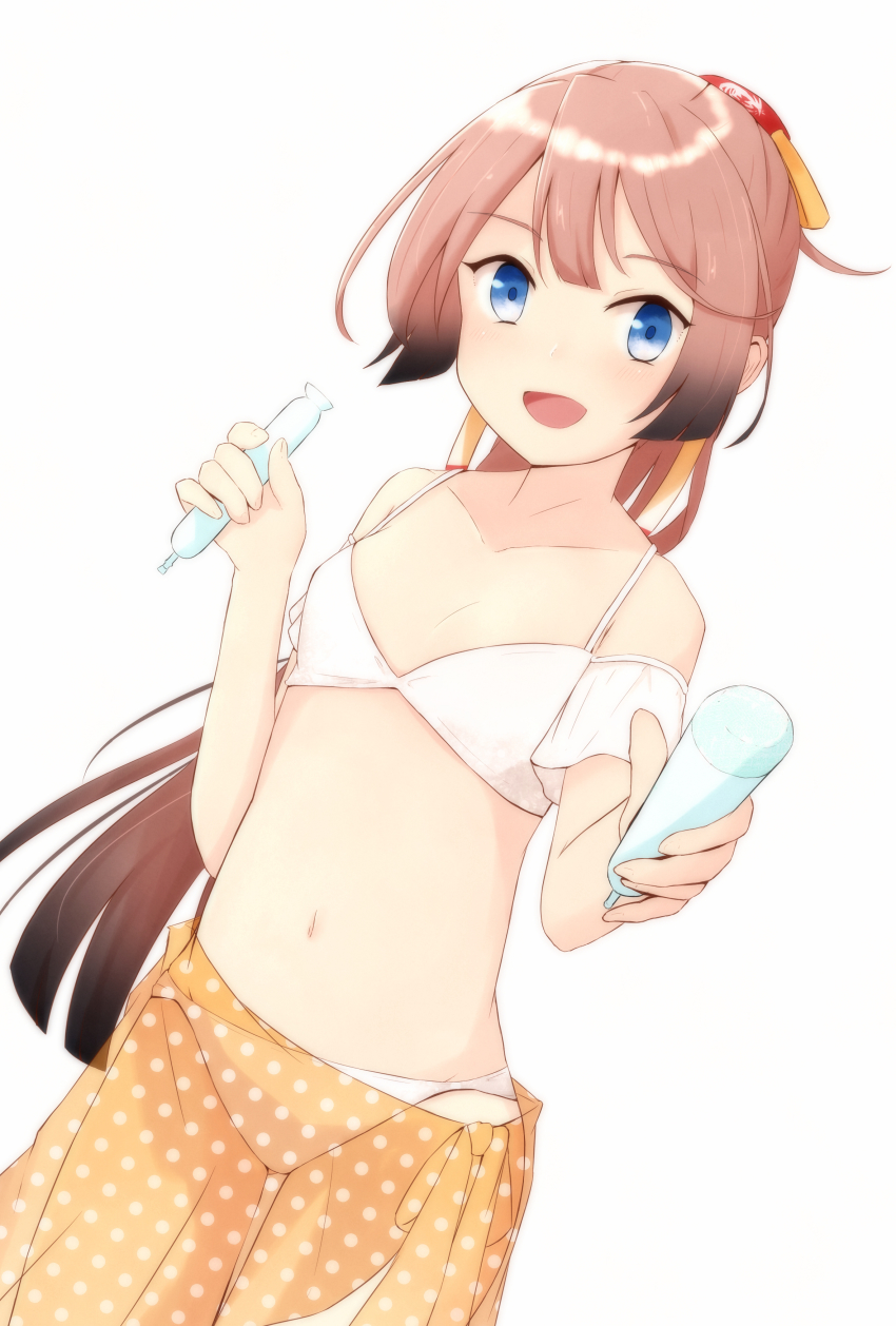 1girl absurdres bad_id bad_pixiv_id bikini blue_eyes brown_hair cowboy_shot dutch_angle flat_chest hair_ribbon highres kantai_collection kazagumo_(kancolle) kazagumo_kai_ni_(kancolle) kazagumo_kai_ni_(swimsuit)_(kancolle) long_hair ludens_(inonaka_koubou) ponytail ribbon sarong see-through_clothes see-through_sarong simple_background smile solo standing swimsuit tupet white_background white_bikini yellow_sarong