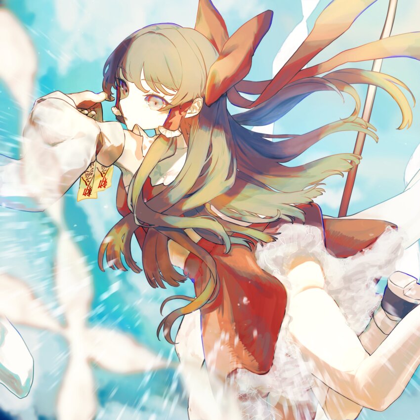 1girl absurdres between_fingers blue_sky bow brown_eyes brown_hair collared_shirt colored_shoe_soles commentary detached_sleeves floating_hair foot_out_of_frame frilled_shirt_collar frilled_skirt frills from_behind gohei hair_bow hakurei_reimu highres holding holding_gohei jumping long_hair long_sleeves looking_back midriff motion_blur nontraditional_miko ofuda ofuda_between_fingers parted_lips petticoat red_bow red_shirt red_skirt shide shirt sidelocks skindentation skirt skirt_set sky sleeveless sleeveless_shirt socks solo touhou ty_aoki23 very_long_hair white_sleeves white_socks wide_sleeves