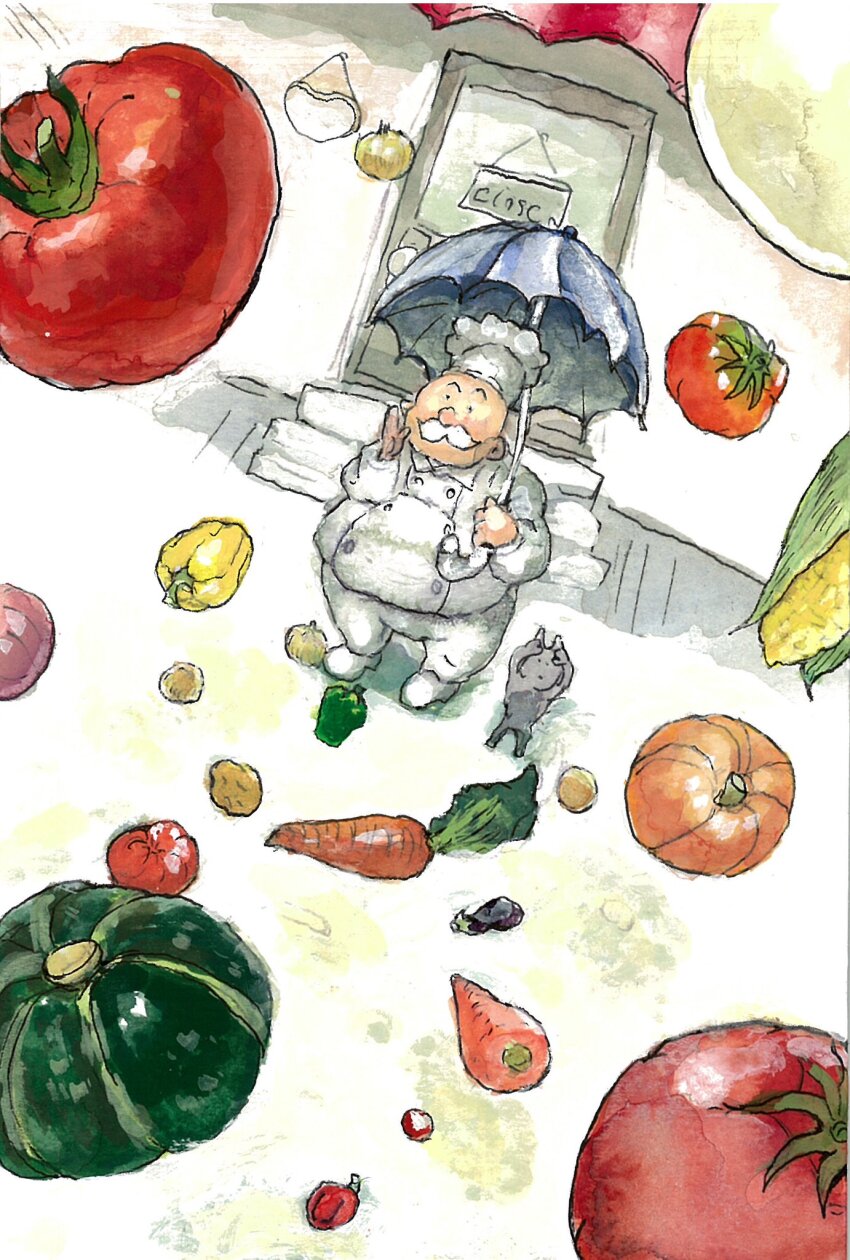 1boy bell_pepper carrot cat chef chef_hat commentary_request door eggplant facial_hair fat fat_man food grey_cat hat highres holding holding_umbrella male_focus mustache onion original potato pumpkin solo tomato umbrella vegetable yasaioji3