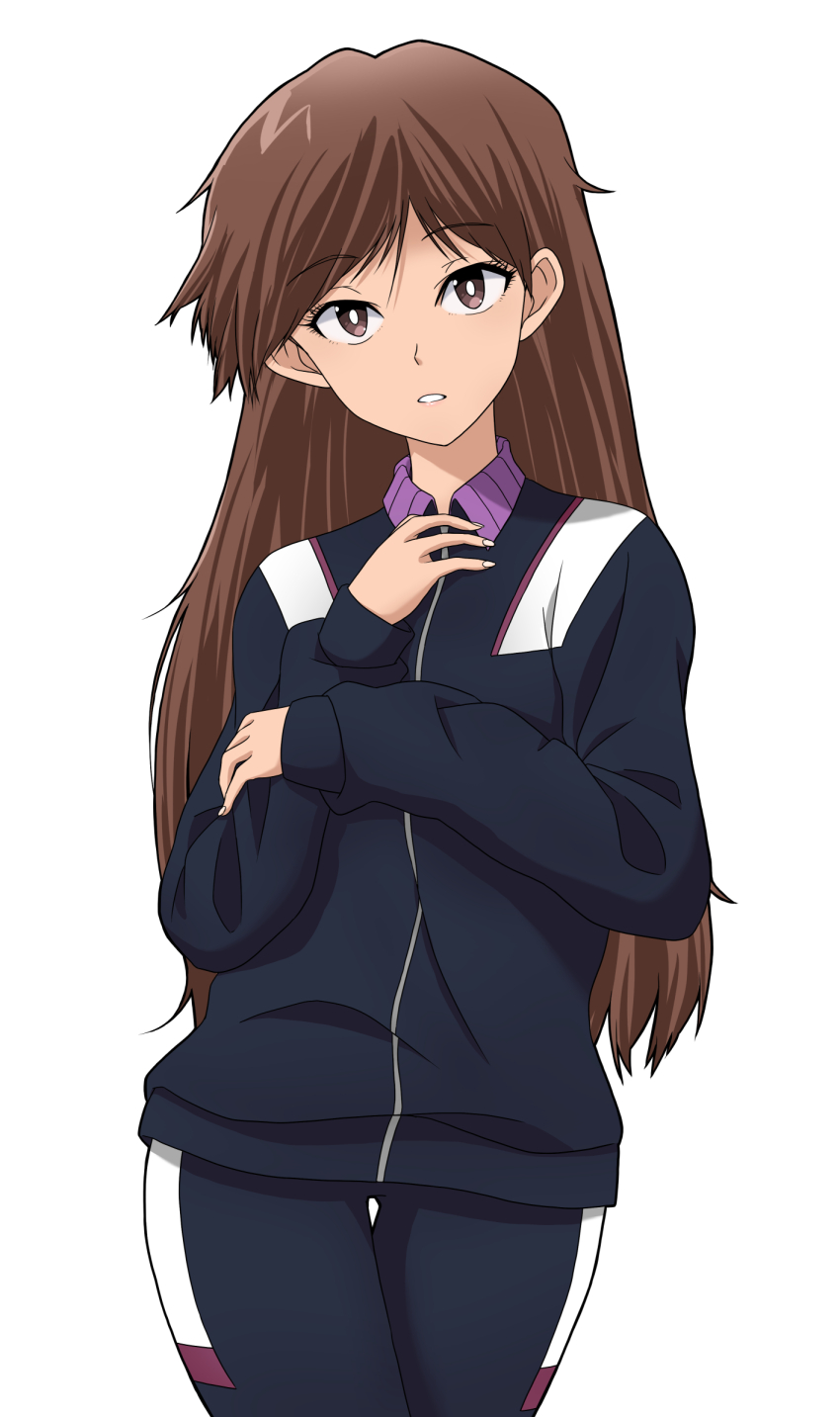 1girl breasts brown_eyes brown_hair cosplay cowboy_shot highres long_hair looking_at_viewer neon_genesis_evangelion rebuild_of_evangelion sashimi_(sasihmi) simple_background small_breasts smile solo suzuhara_sakura suzuhara_touji_(cosplay) sweater very_long_hair wide_hips
