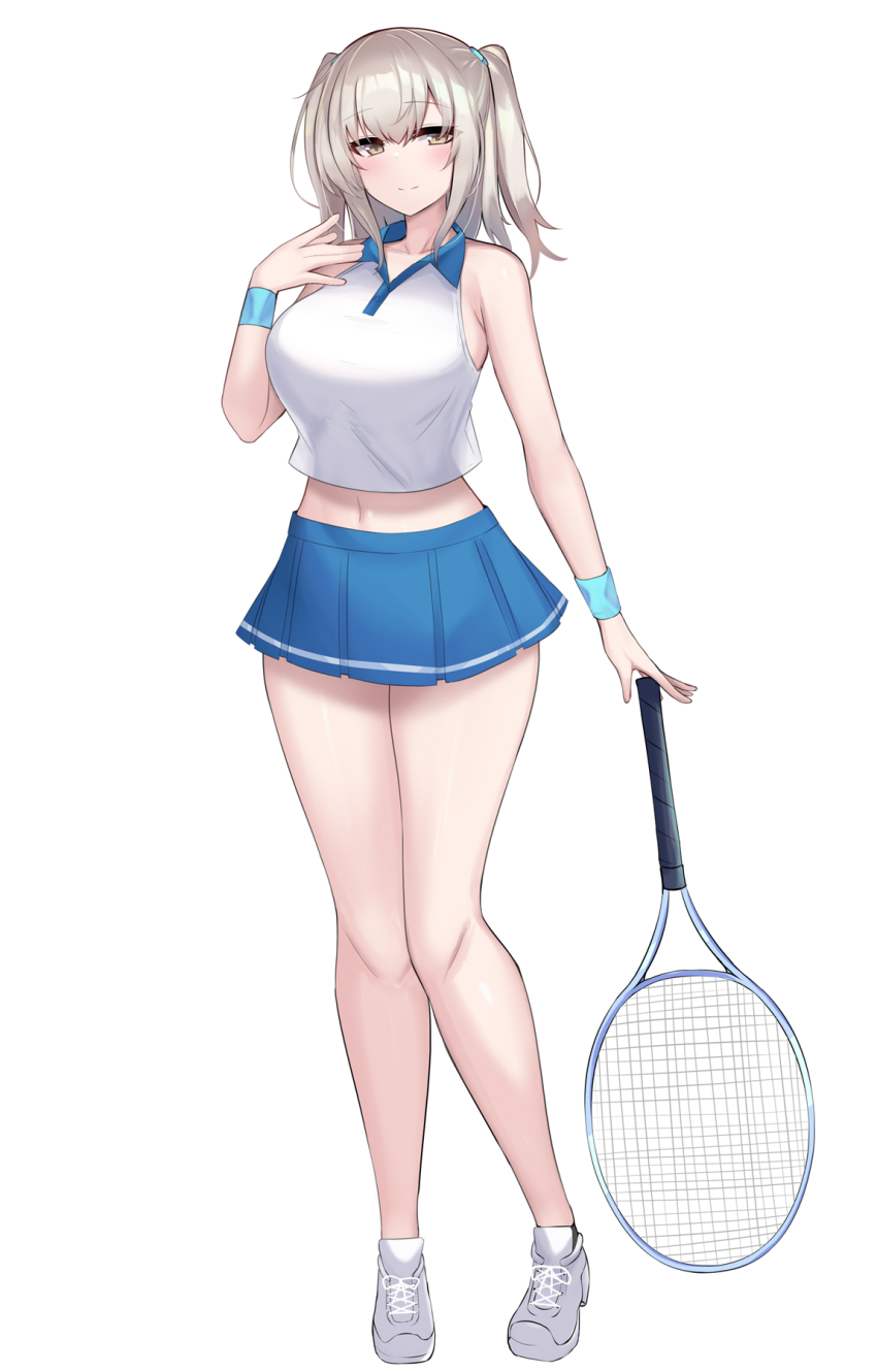1girl amahara_kuon ball bare_legs bare_shoulders blue_skirt blush breasts brown_eyes closed_mouth crop_top full_body grey_hair highres kutan large_breasts long_hair looking_at_viewer midriff miniskirt navel original pleated_skirt racket shirt shoes simple_background skirt sleeveless sleeveless_shirt smile sneakers solo sportswear standing sweatband tachi-e tennis_ball tennis_racket tennis_uniform thighs transparent_background twintails two_side_up variant_set white_background white_shirt wristband