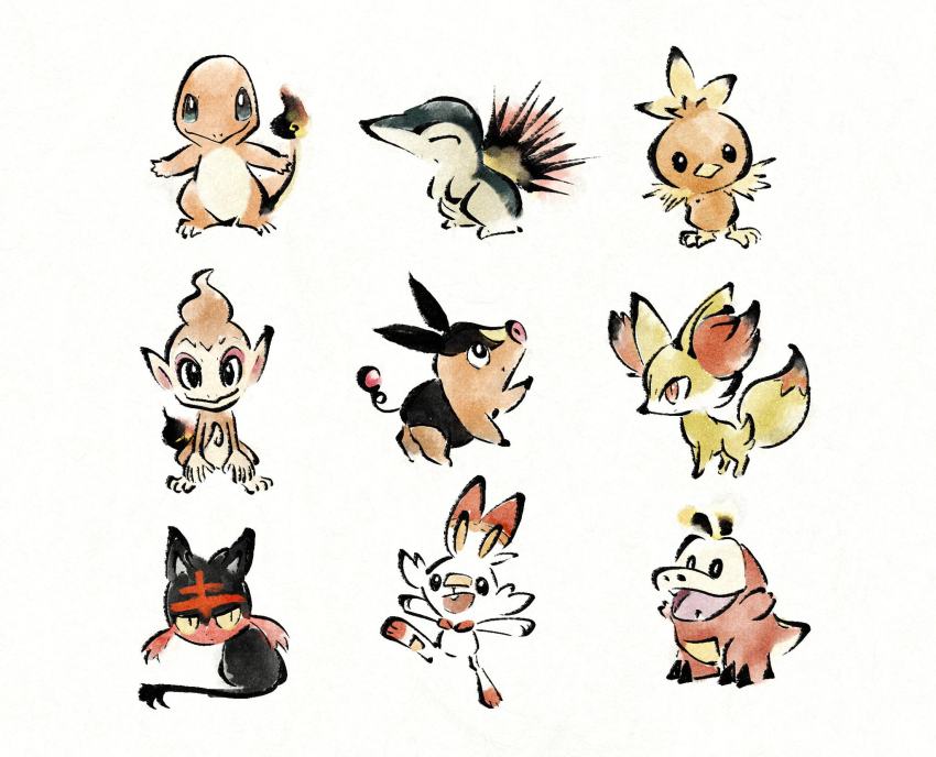 :&gt; :d bird black_fur cat charmander chick chimchar closed_eyes crocodilian cyndaquil fangs fennekin fire fox fuecoco gen_1_pokemon gen_2_pokemon gen_3_pokemon gen_4_pokemon gen_5_pokemon gen_6_pokemon gen_7_pokemon gen_8_pokemon highres litten metikyun monkey nintendo no_humans o_o open_mouth orange_eyes pig pokemon pokemon_(creature) rabbit scorbunny slit_pupils smile snout standing standing_on_one_leg tail tepig torchic trait_connection u_u white_background