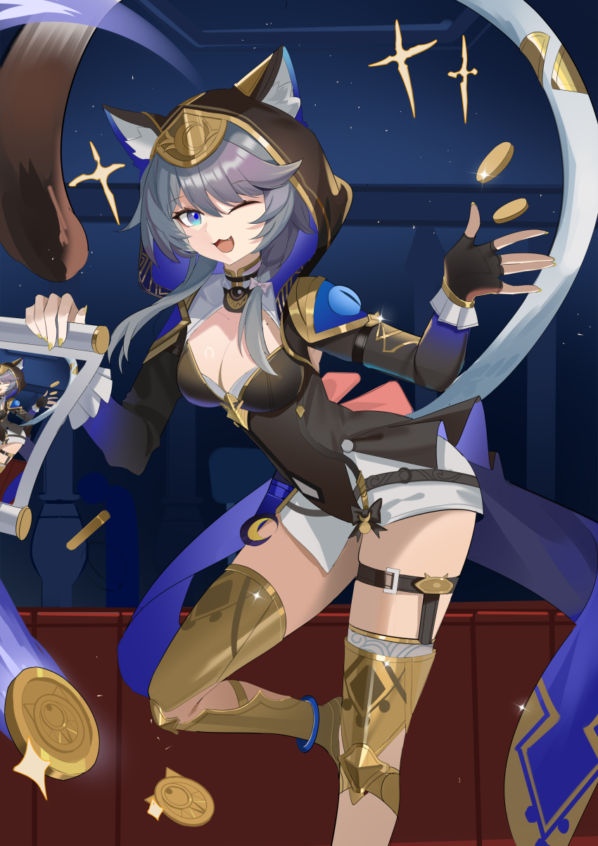 1girl ;) absurdres animal_ear_fluff animal_ears animal_hood armored_boots belt black_gloves black_leotard blue_eyes boots breasts cat_ears cat_girl cat_hood cat_tail chinese_commentary cipher_(honkai:_star_rail) cleavage coin commentary_request fingerless_gloves gloves gold_boots gold_coin grey_hair highres holding holding_scroll honkai:_star_rail honkai_(series) hood hooded_leotard leotard medium_breasts npp_(artist) one_eye_closed scroll short_hair_with_long_locks shorts smile solo tail thigh_belt thigh_strap thighs white_shorts