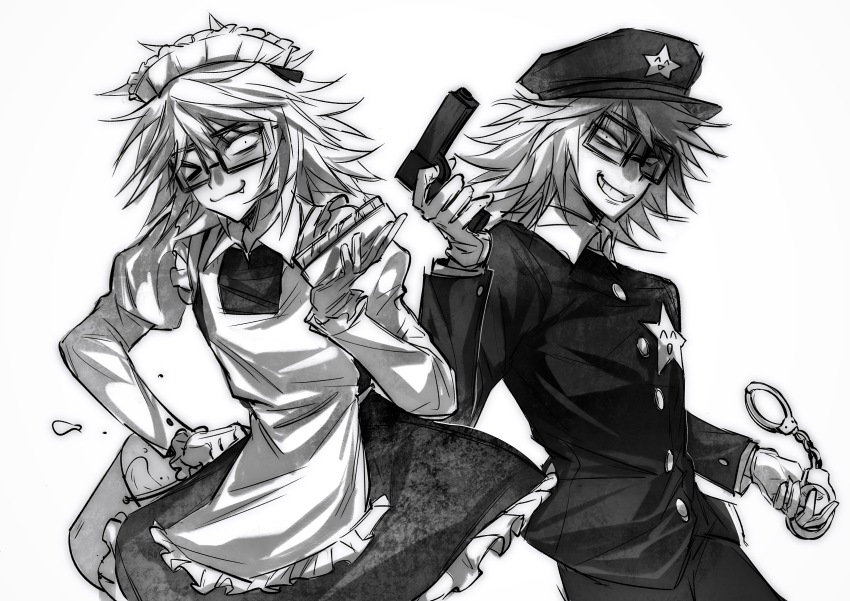 2boys :3 absurdres apron bucket cowboy_shot crossdressing cuffs dress dual_persona fang fang_out glasses greyscale gun hand_on_own_hip handcuffs handgun hat highres holding holding_brush holding_bucket holding_gun holding_handcuffs holding_weapon imnotrlup juliet_sleeves long_sleeves looking_at_viewer maid maid_apron maid_headdress male_focus monochrome multiple_boys one_eye_closed police police_hat police_uniform policeman puffy_sleeves randal&#039;s_friends randal_ivory sheriff_badge short_hair simple_background standing weapon white_background