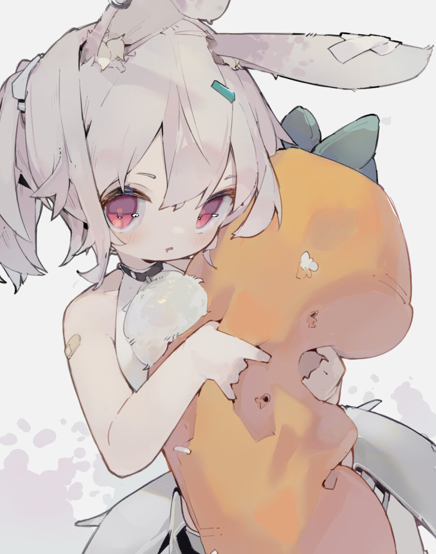 1girl absurdres animal_ears bandages black_choker choker drooling hair_between_eyes highres holding holding_stuffed_toy looking_at_viewer medium_hair midriff_peek nep_(nep_76) original parted_lips ponytail rabbit_ears rabbit_girl red_eyes solo stuffed_carrot stuffed_toy upper_body