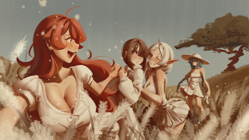 4girls absurdres ahoge blue_eyes blue_hair blush braid breasts brown_eyes brown_hair closed_eyes commentary day dress elf english_commentary eris_greyrat grey_hair grin hair_over_one_eye hat highres holding holding_shoes holding_unworn_clothes large_breasts long_hair long_pointy_ears long_sleeves looking_at_another looking_back low_twin_braids medium_breasts multiple_girls mushoku_tensei one_eye_covered open_mouth outdoors parted_lips pointy_ears puffy_long_sleeves puffy_short_sleeves puffy_sleeves red_eyes red_hair roxy_migurdia shierra_(mushoku_tensei) shoes short_sleeves sleeveless sleeveless_dress smile sun_hat sundress sushoartworks sylphiette_(mushoku_tensei) tree twin_braids unworn_shoes very_long_hair wheat_field white_dress white_hat white_shoes
