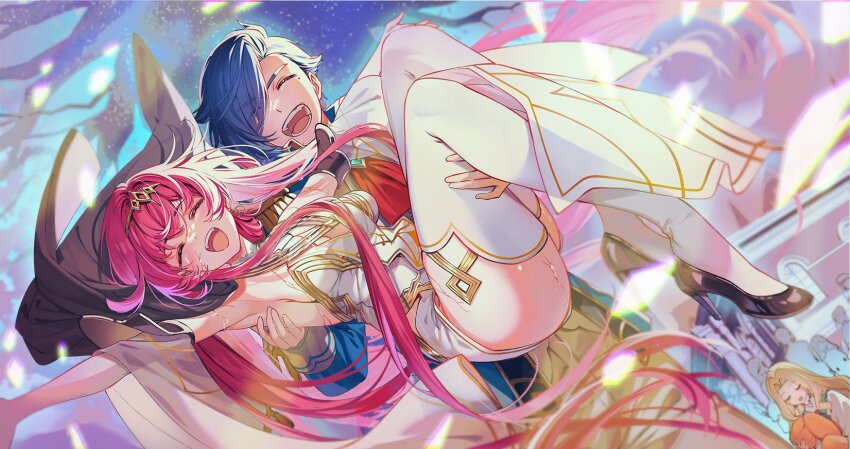 6+girls :d ass blonde_hair blue_hair boukyaku_seijo breasts building carrying character_request closed_eyes dutch_angle gold_trim hagoromo hair_over_one_eye high_heels highres long_hair long_sleeves louied mariabelle_(boukyaku_seijo) mole mole_under_eye multiple_girls novel_illustration off-shoulder_shirt off_shoulder official_art open_mouth outstretched_arm pink_hair princess_carry second-party_source shawl shirt short_hair shuri_(84k) sideboob smile thighhighs thighs tiara white_thighhighs